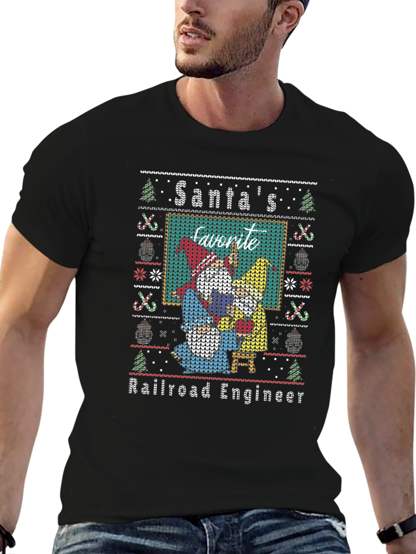 Santas Favorite Railroad Engineer Ugly Christmas Sweater T-Shirt