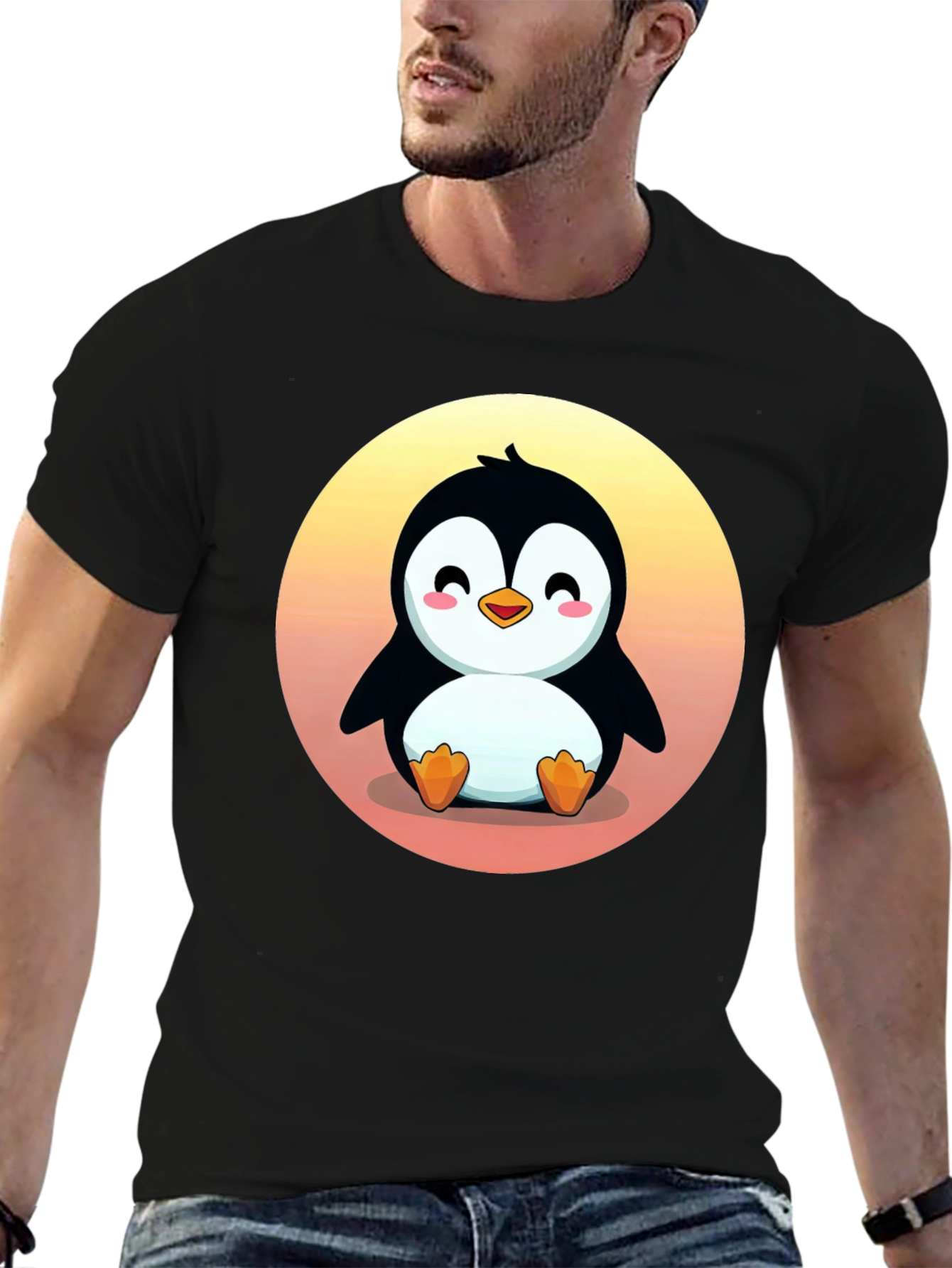 Cute Penguin Graphic Print Black T-Shirt