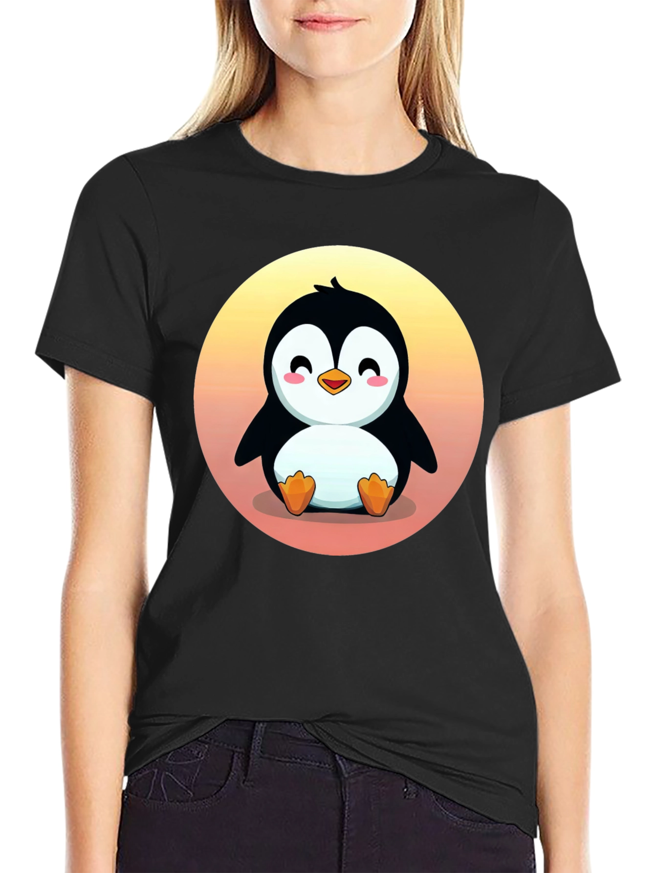 Cute Penguin Graphic Print Black T-Shirt