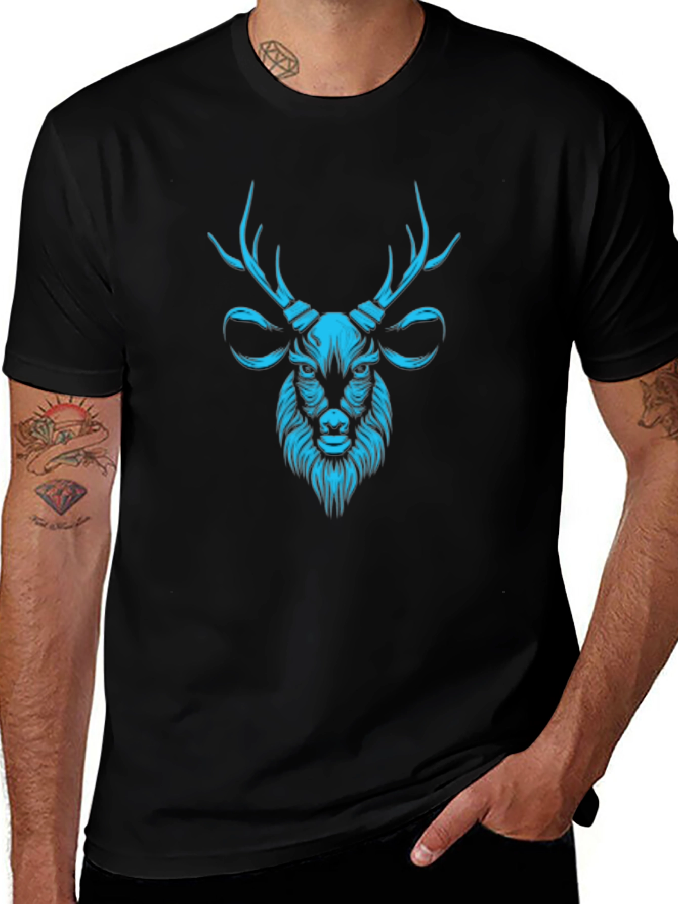 Mens Black T-Shirt with Teal Deer Graphic