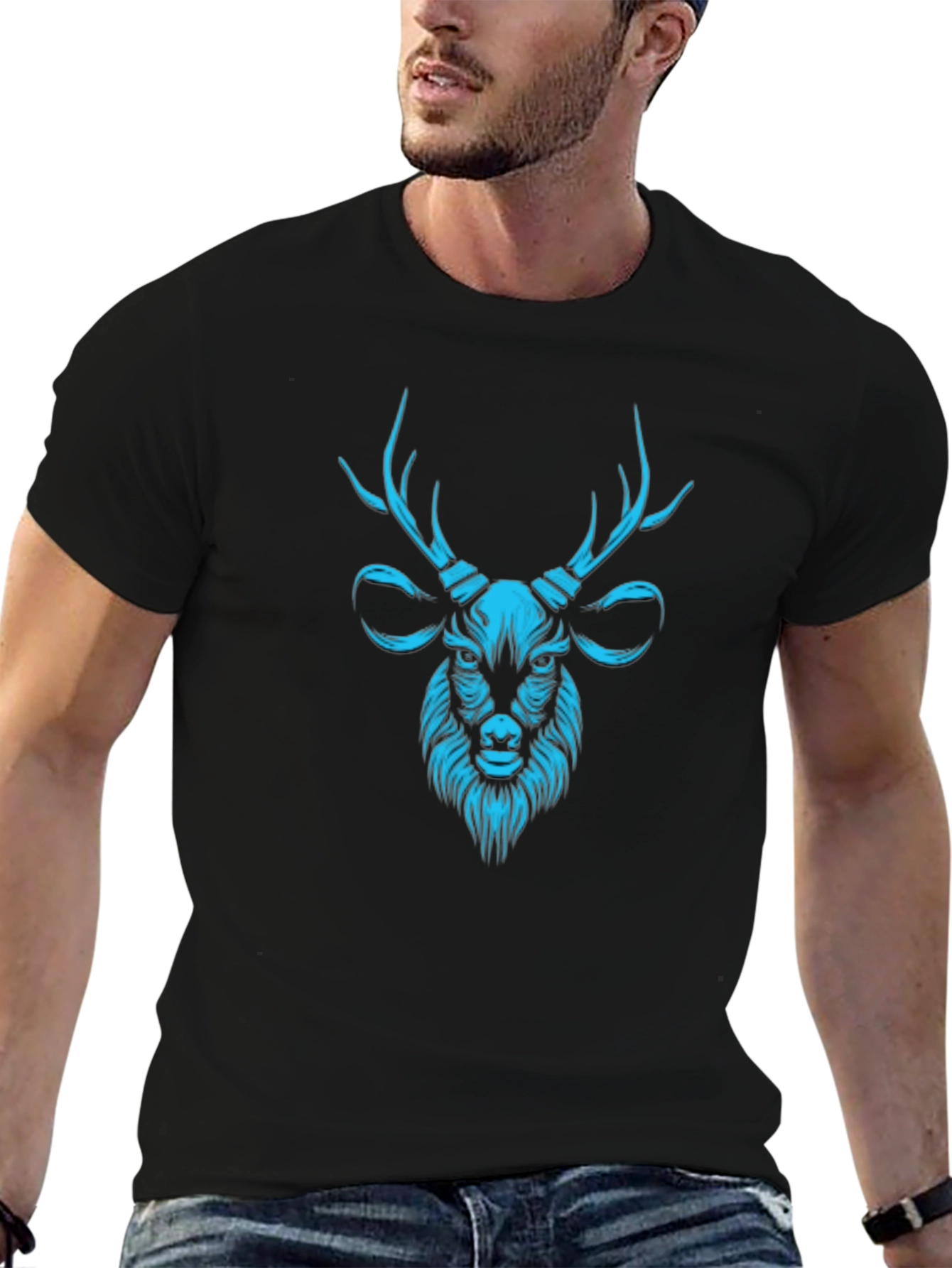 Mens Black T-Shirt with Teal Deer Graphic