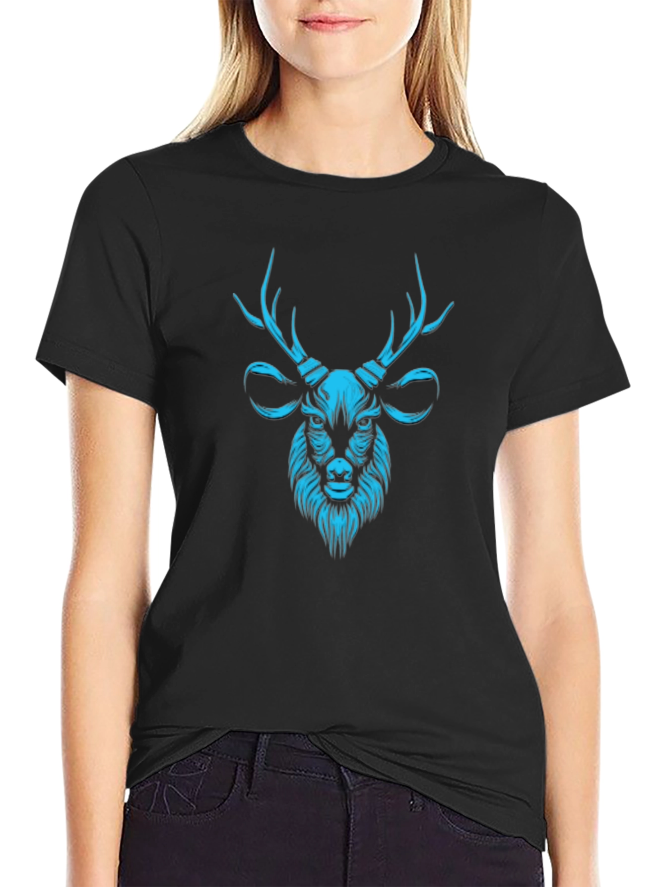Mens Black T-Shirt with Teal Deer Graphic