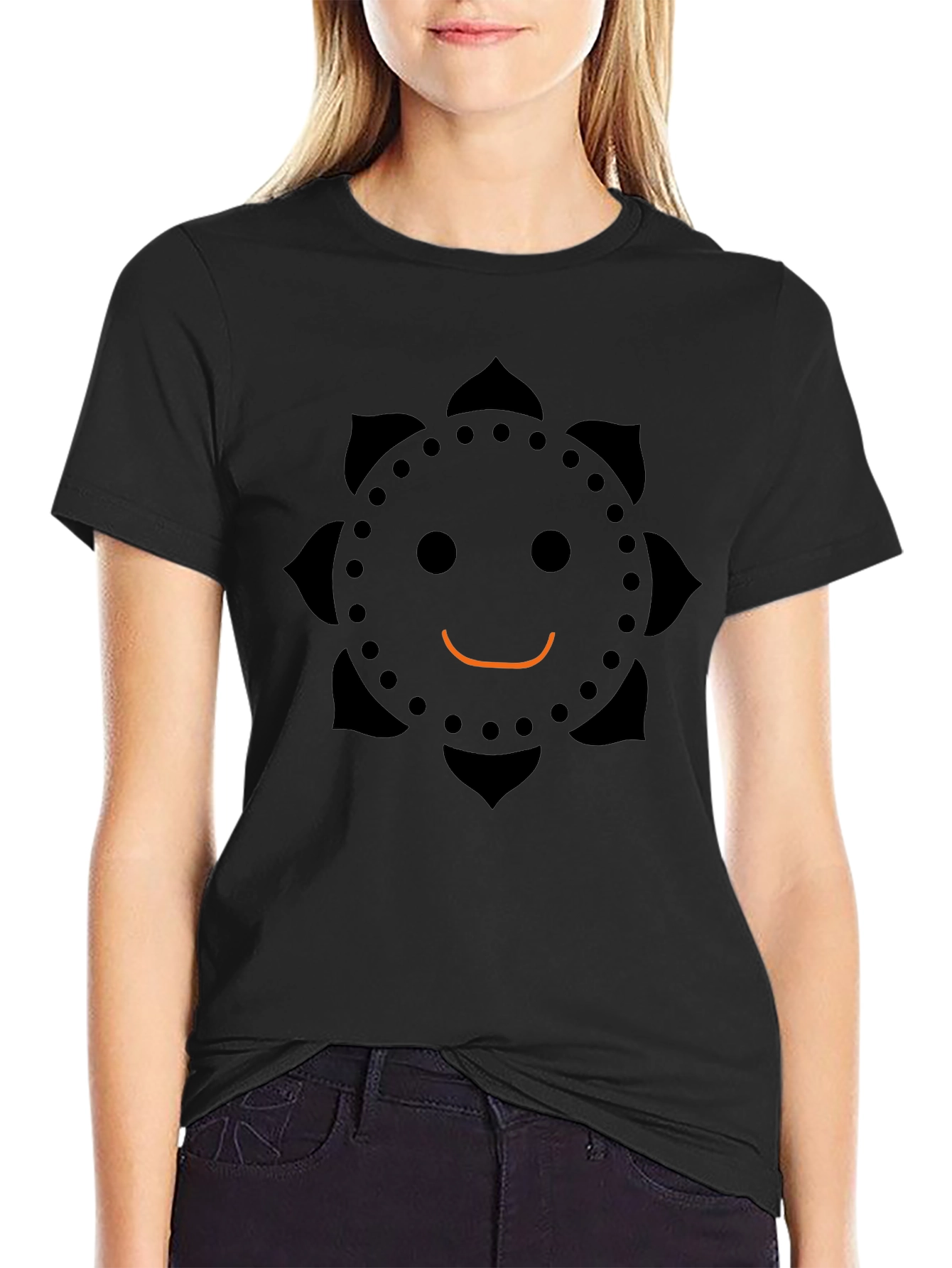 Smiley Face Flower T-Shirt - Casual Black Tee
