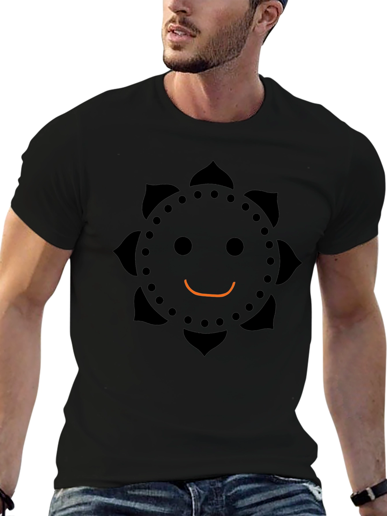 Smiley Face Flower T-Shirt - Casual Black Tee