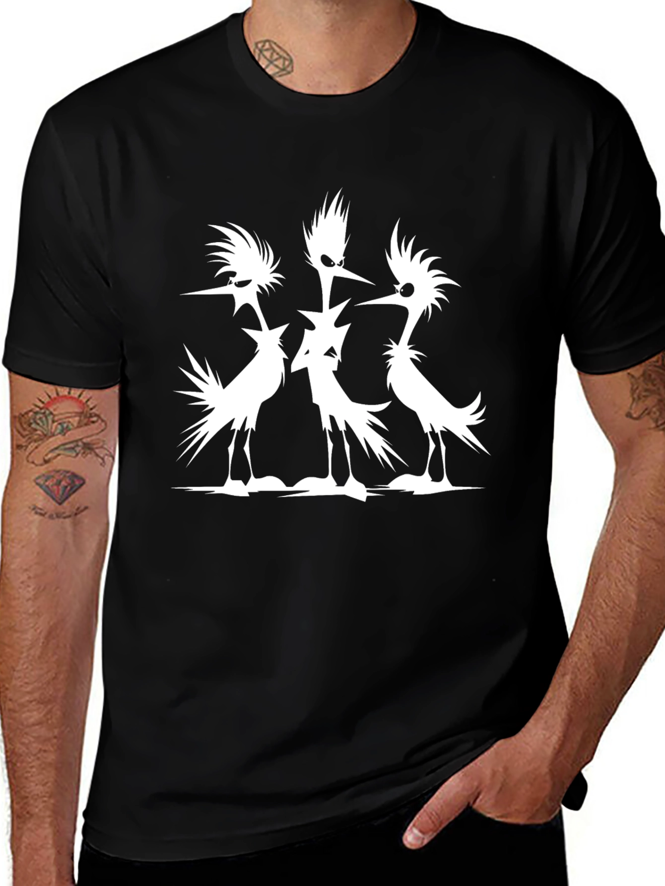 Mens Black T-Shirt with Silhouetted Bird Design