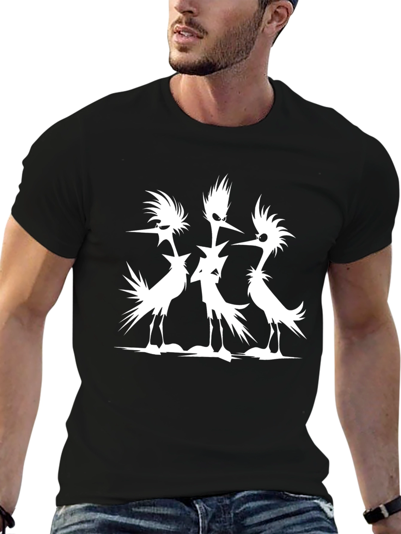 Mens Black T-Shirt with Silhouetted Bird Design