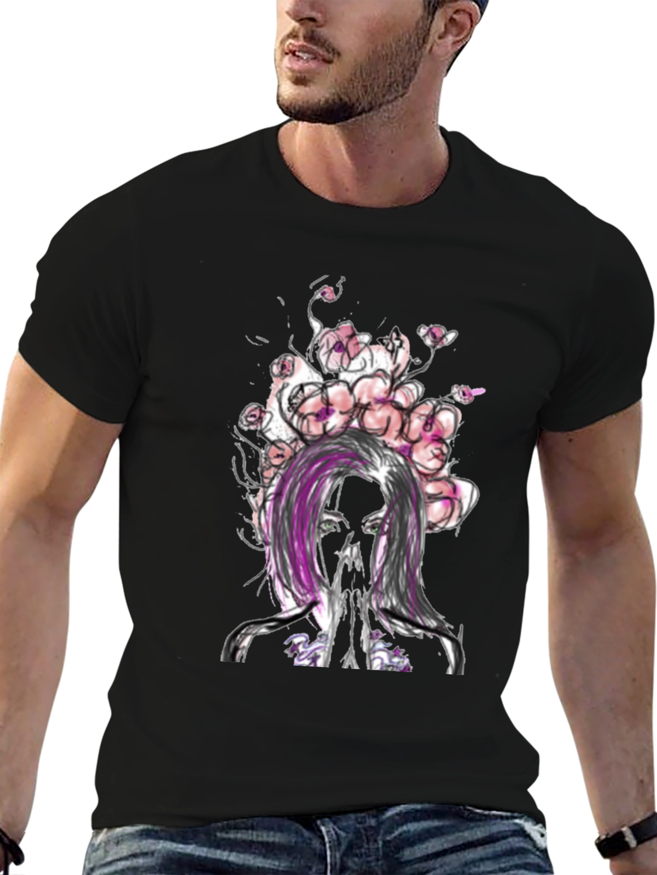Floral Woman Graphic Tee - Black Casual T-Shirt