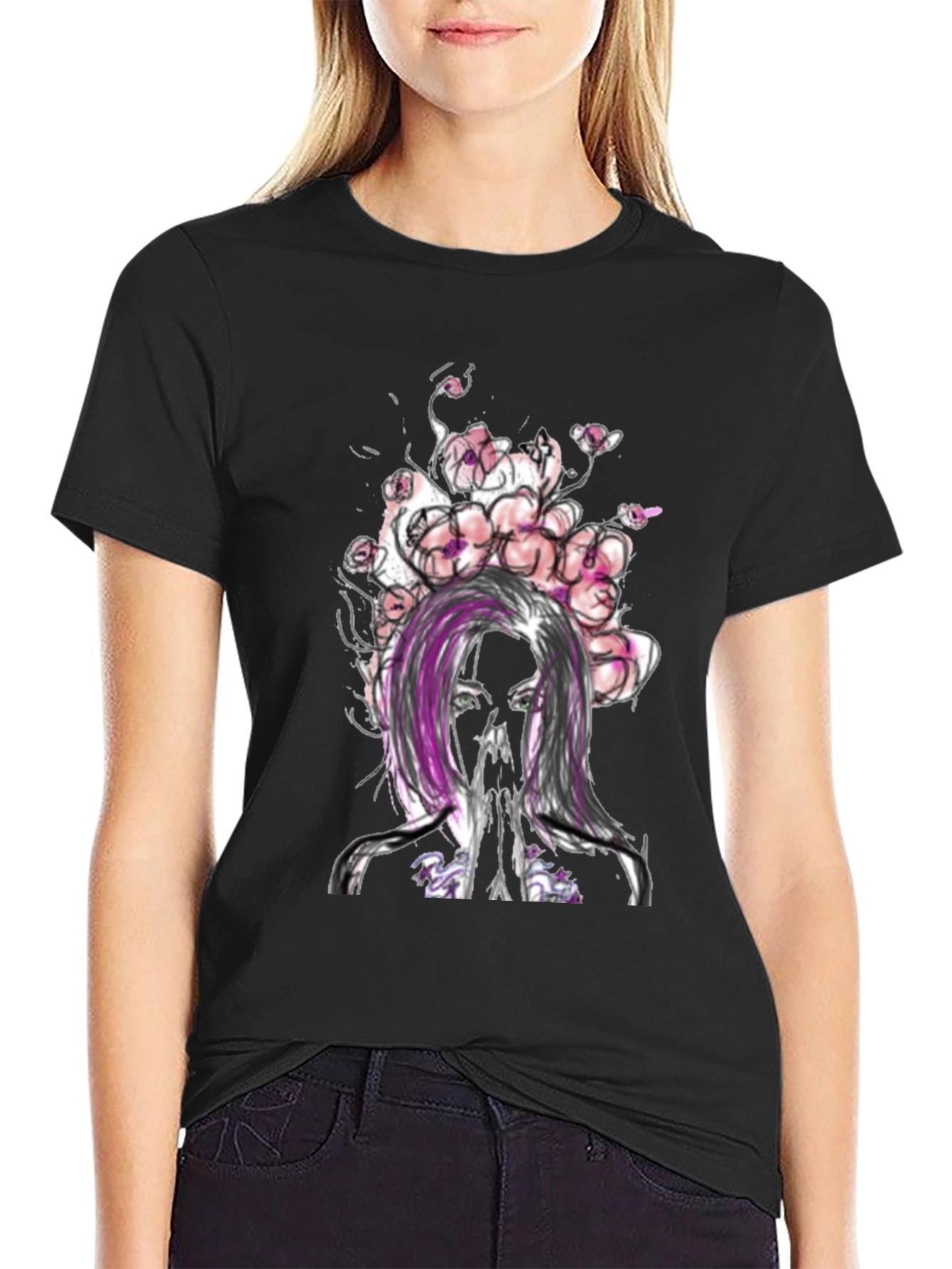 Floral Woman Graphic Tee - Black Casual T-Shirt