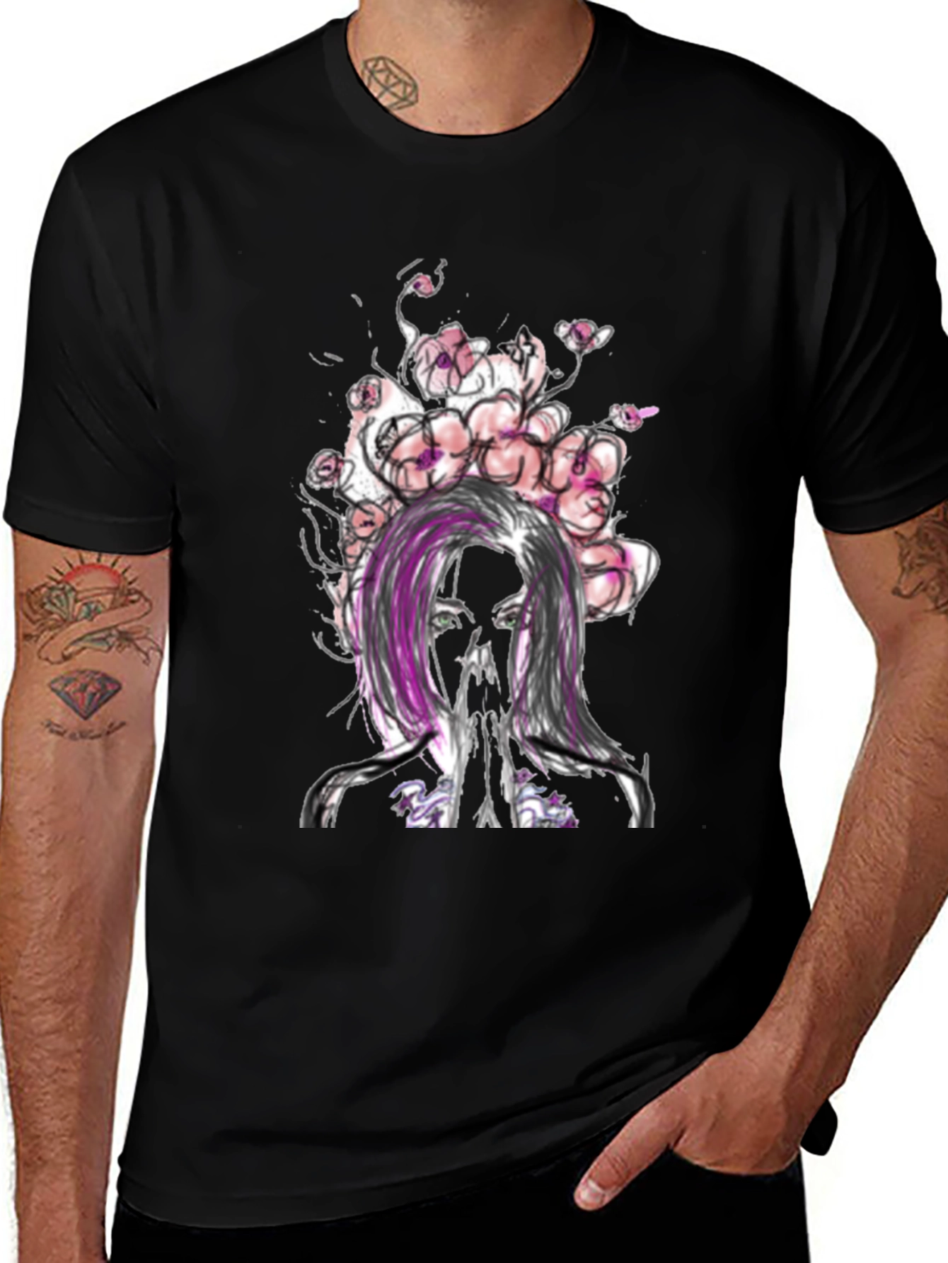 Floral Woman Graphic Tee - Black Casual T-Shirt