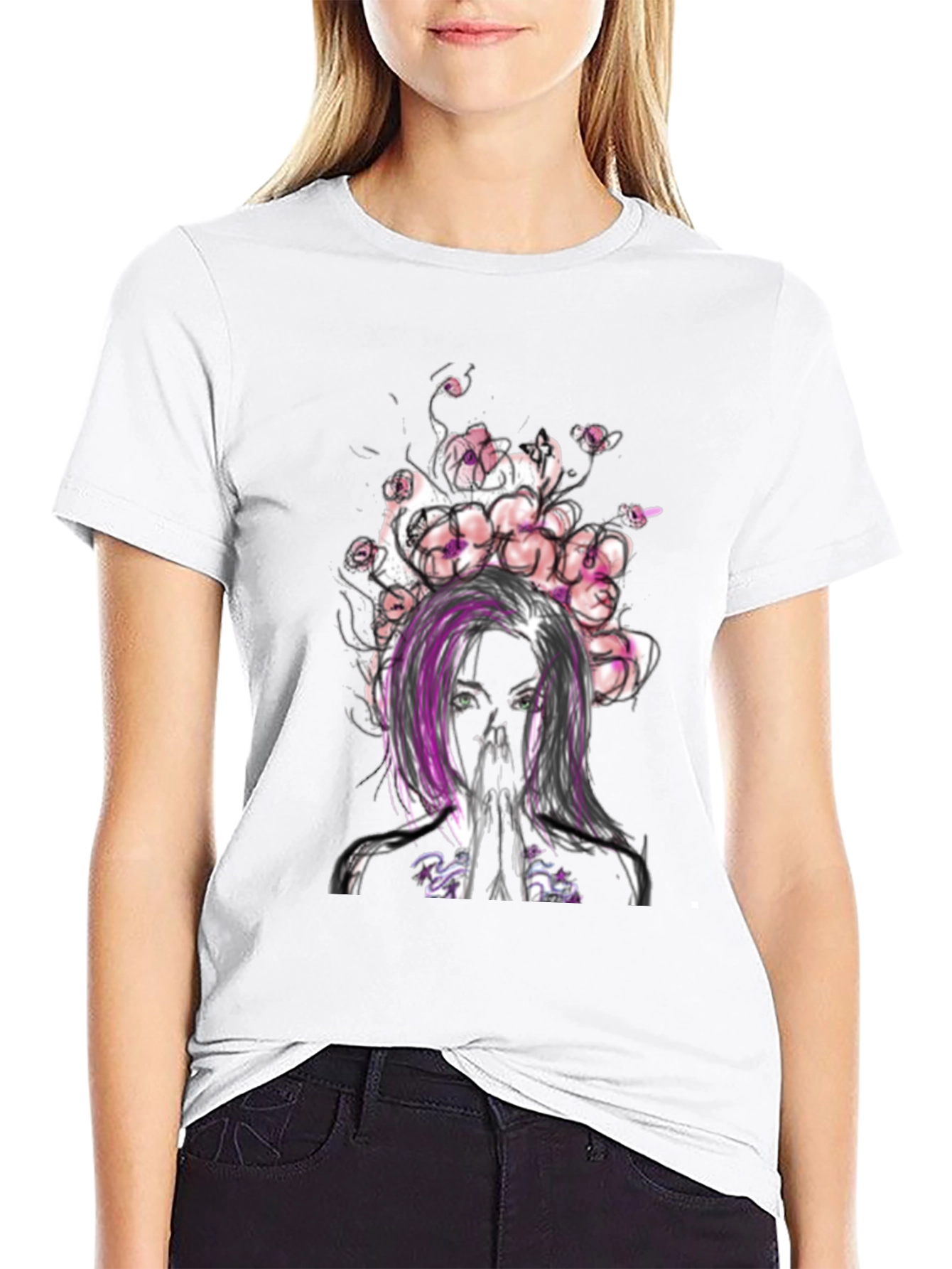 Floral Woman Graphic Tee - Black Casual T-Shirt