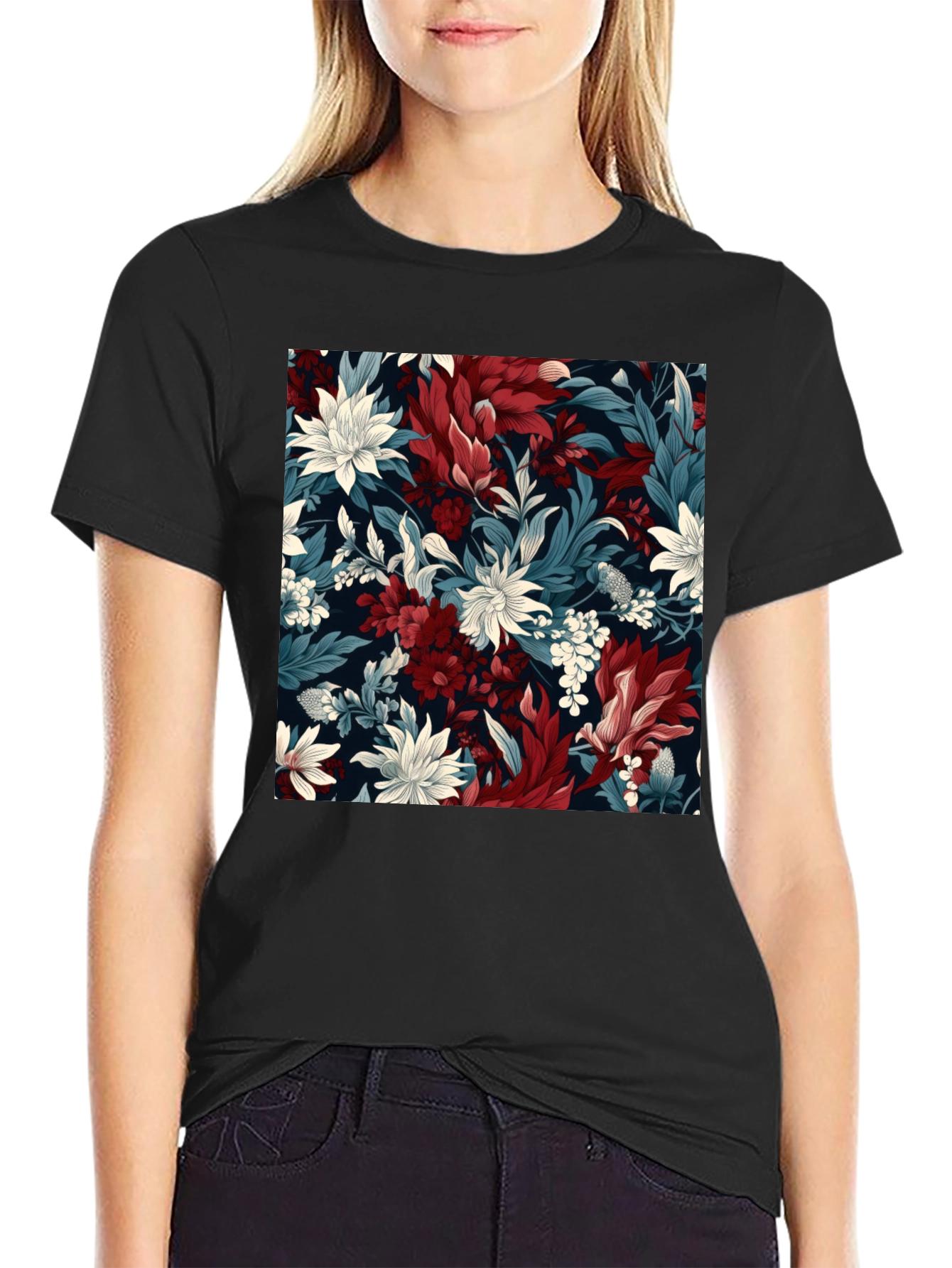 Floral Pattern Black T-Shirt - Modern Style