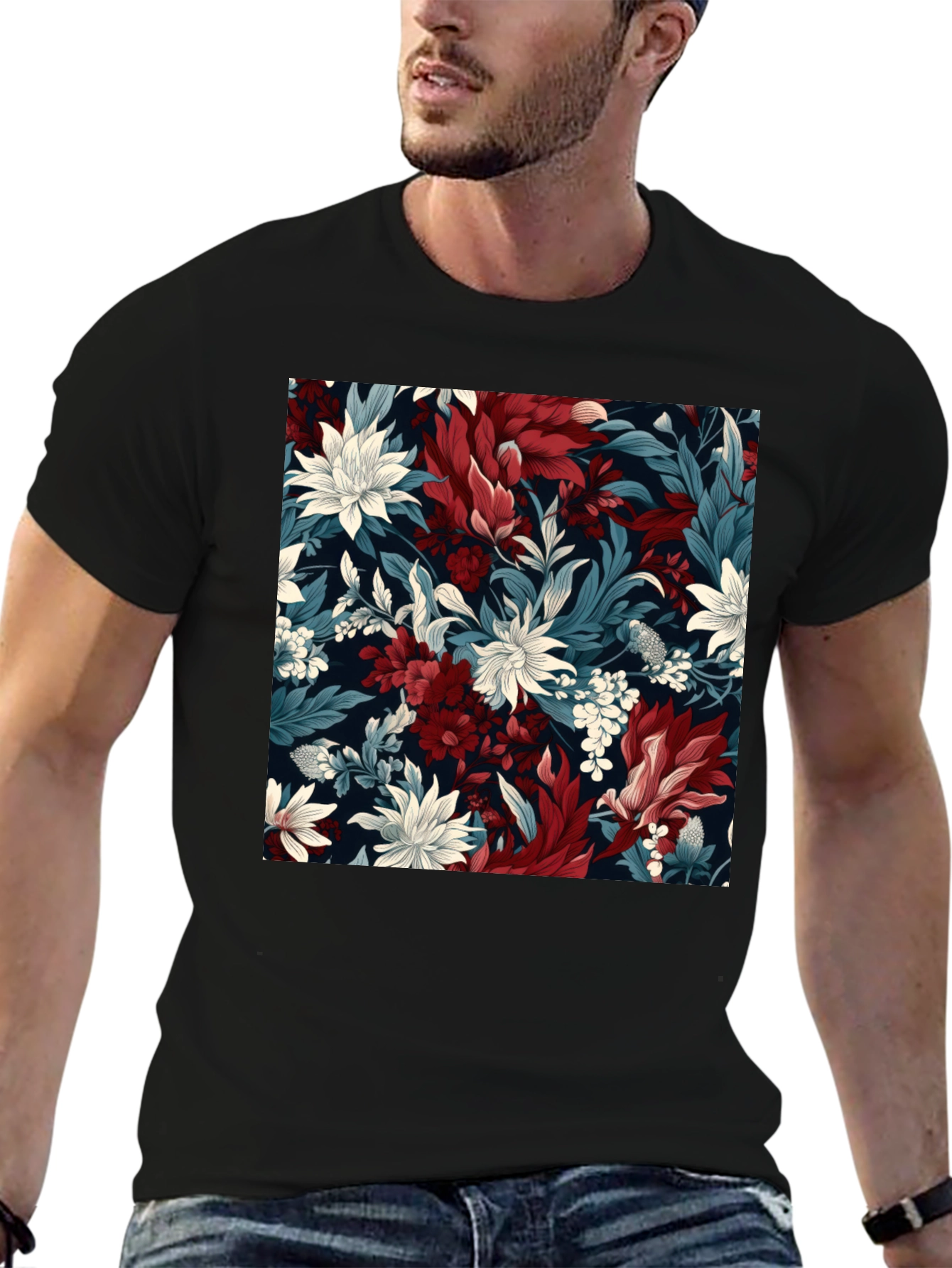 Floral Pattern Black T-Shirt - Modern Style