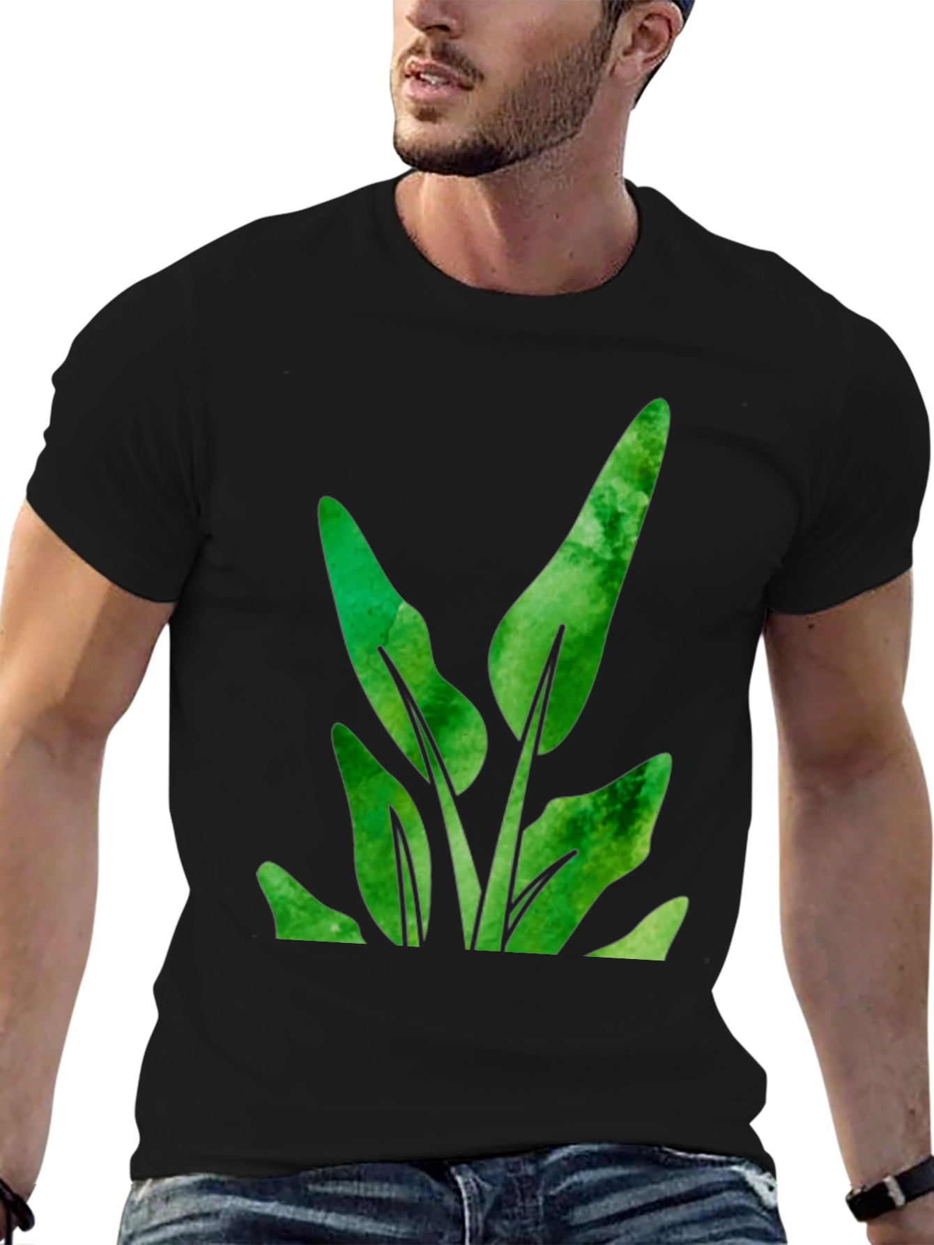Green Leaf Plant Graphic Black T-Shirt