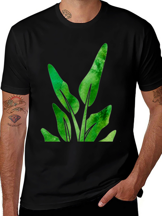 Green Leaf Plant Graphic Black T-Shirt