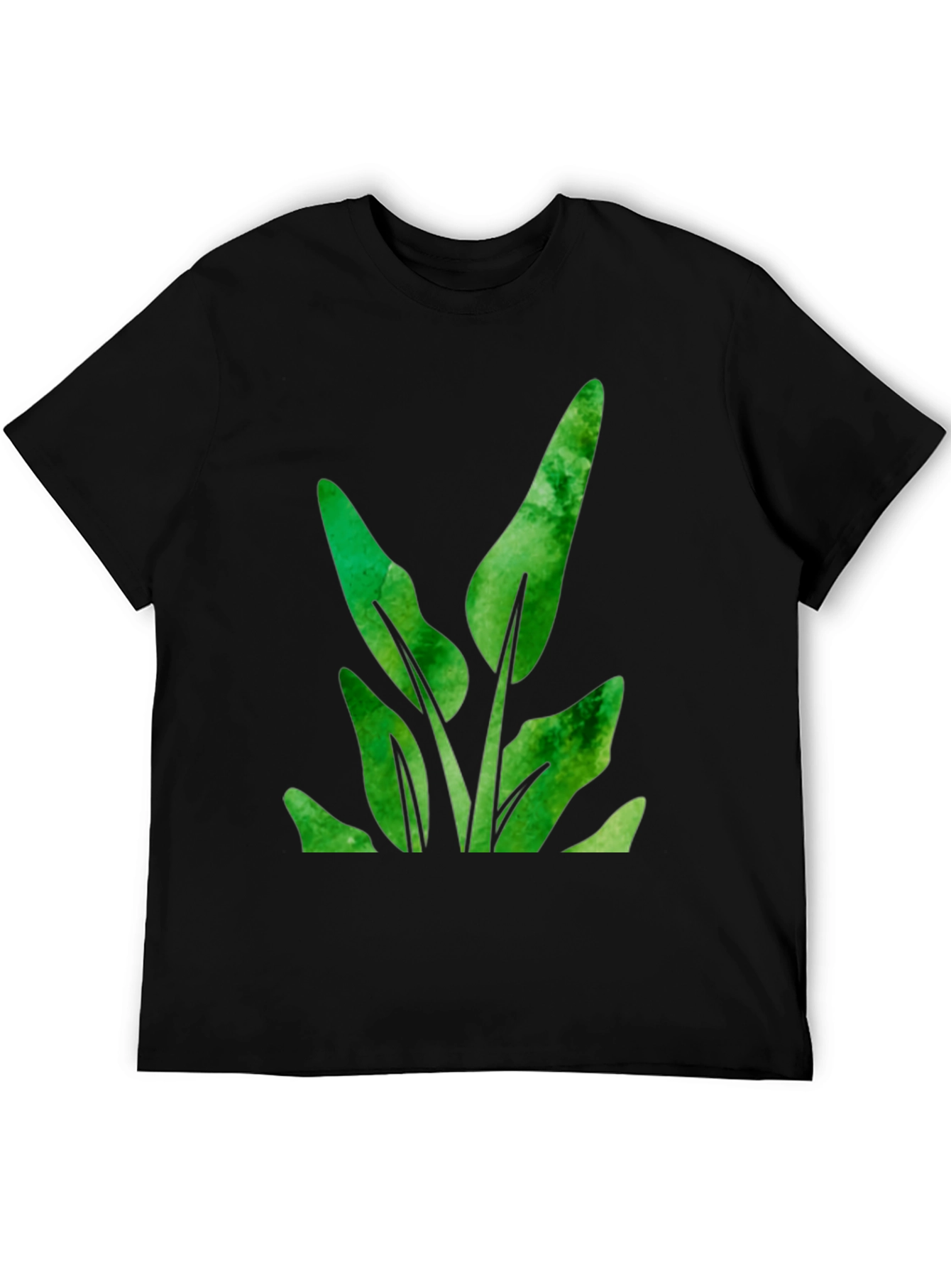 Green Leaf Plant Graphic Black T-Shirt