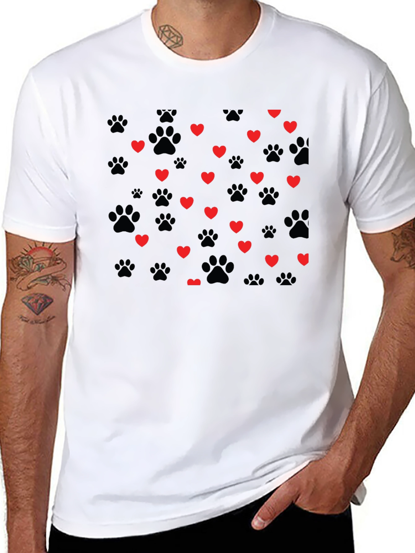 Heart Paw Print T-Shirt - Black Crew Neck Tee