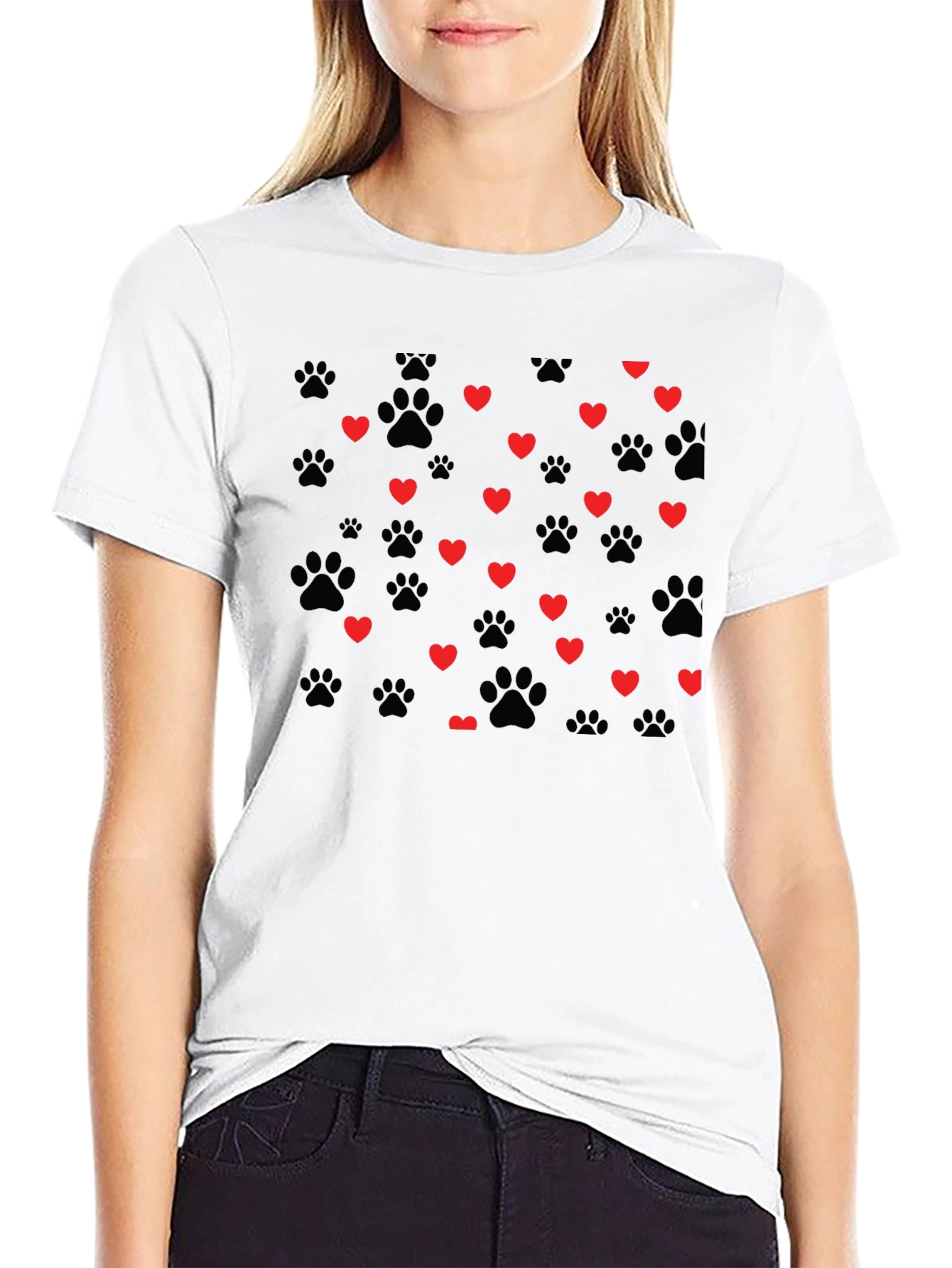 Heart Paw Print T-Shirt - Black Crew Neck Tee