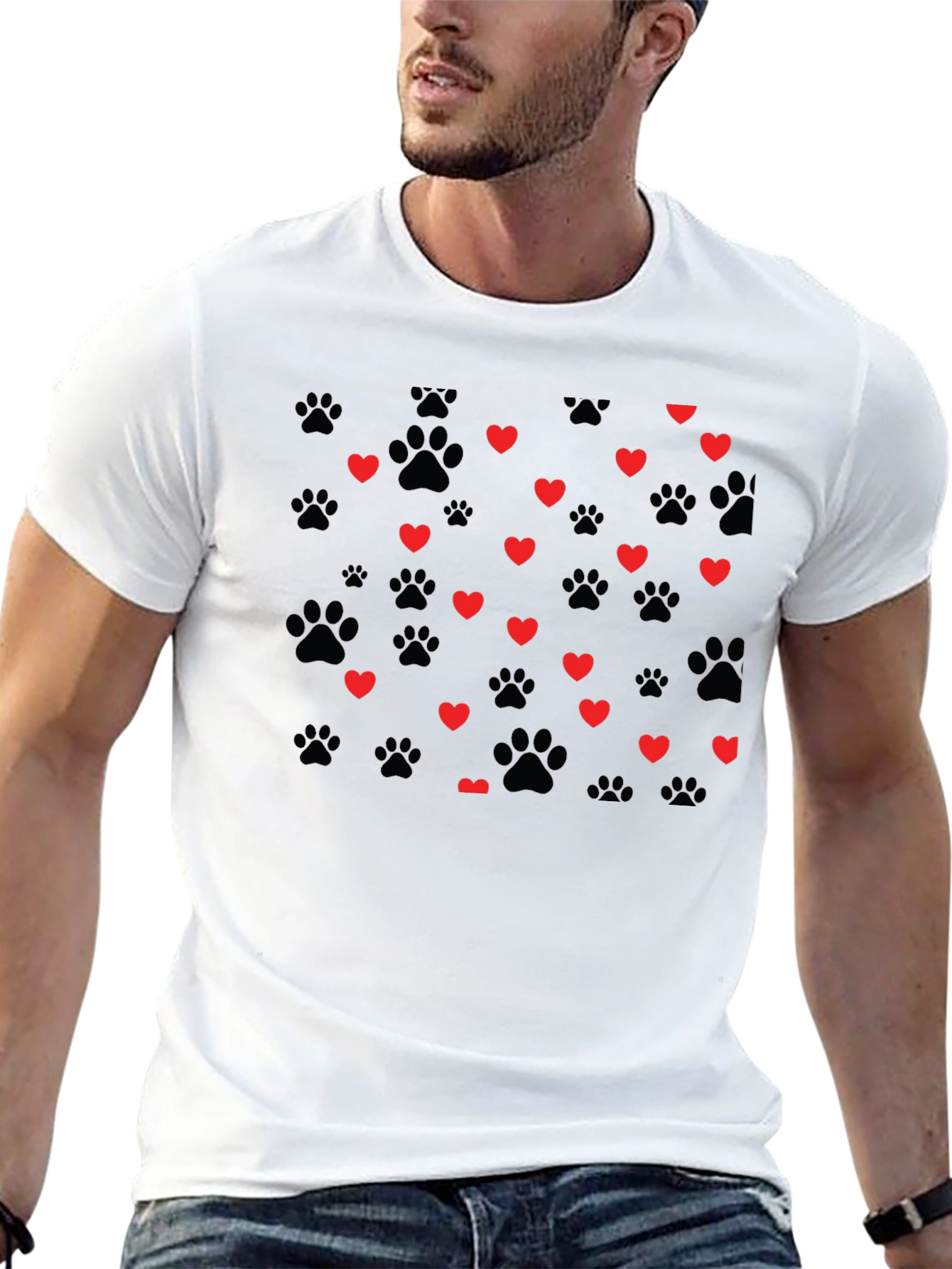 Heart Paw Print T-Shirt - Black Crew Neck Tee