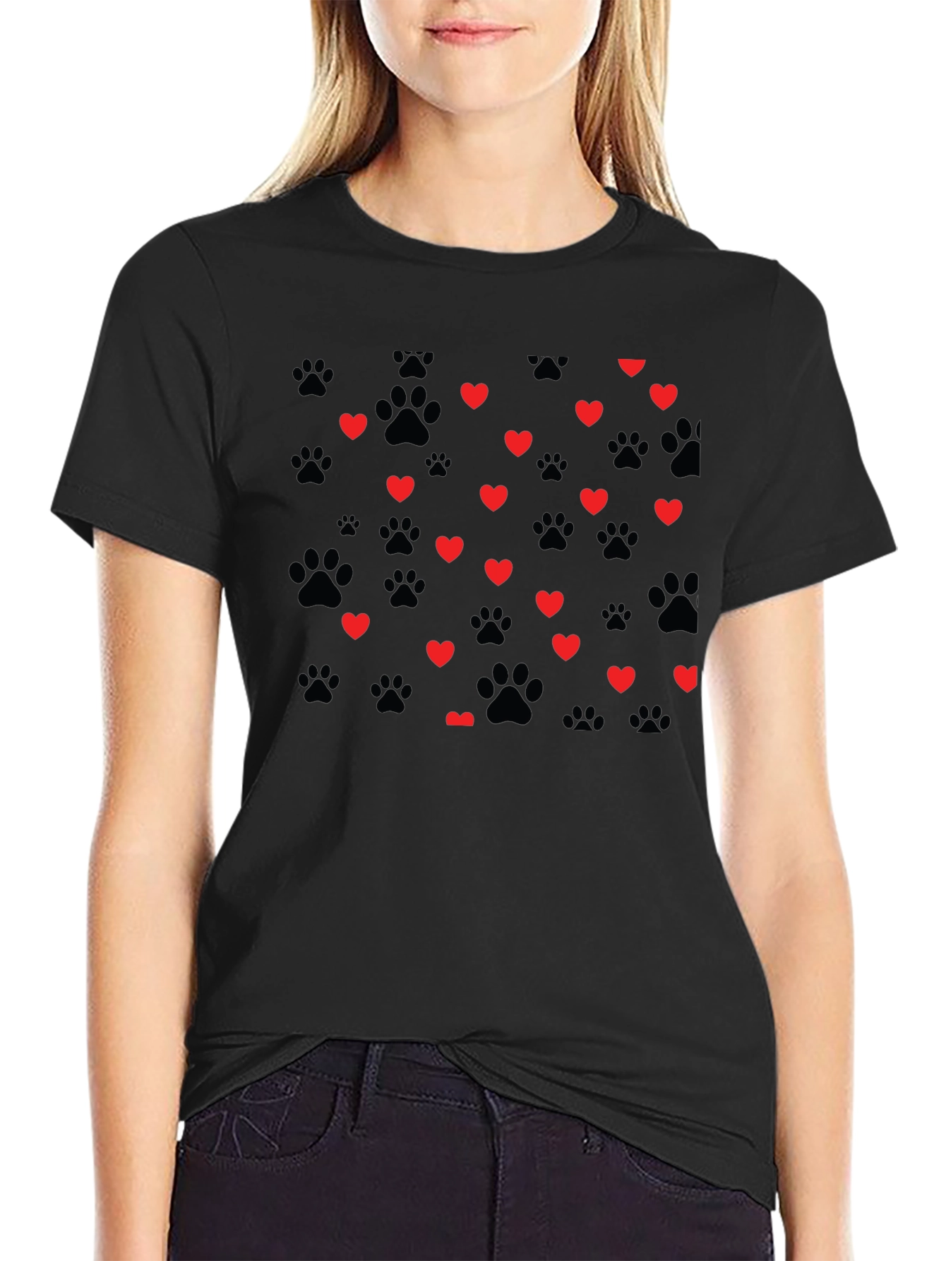 Heart Paw Print T-Shirt - Black Crew Neck Tee