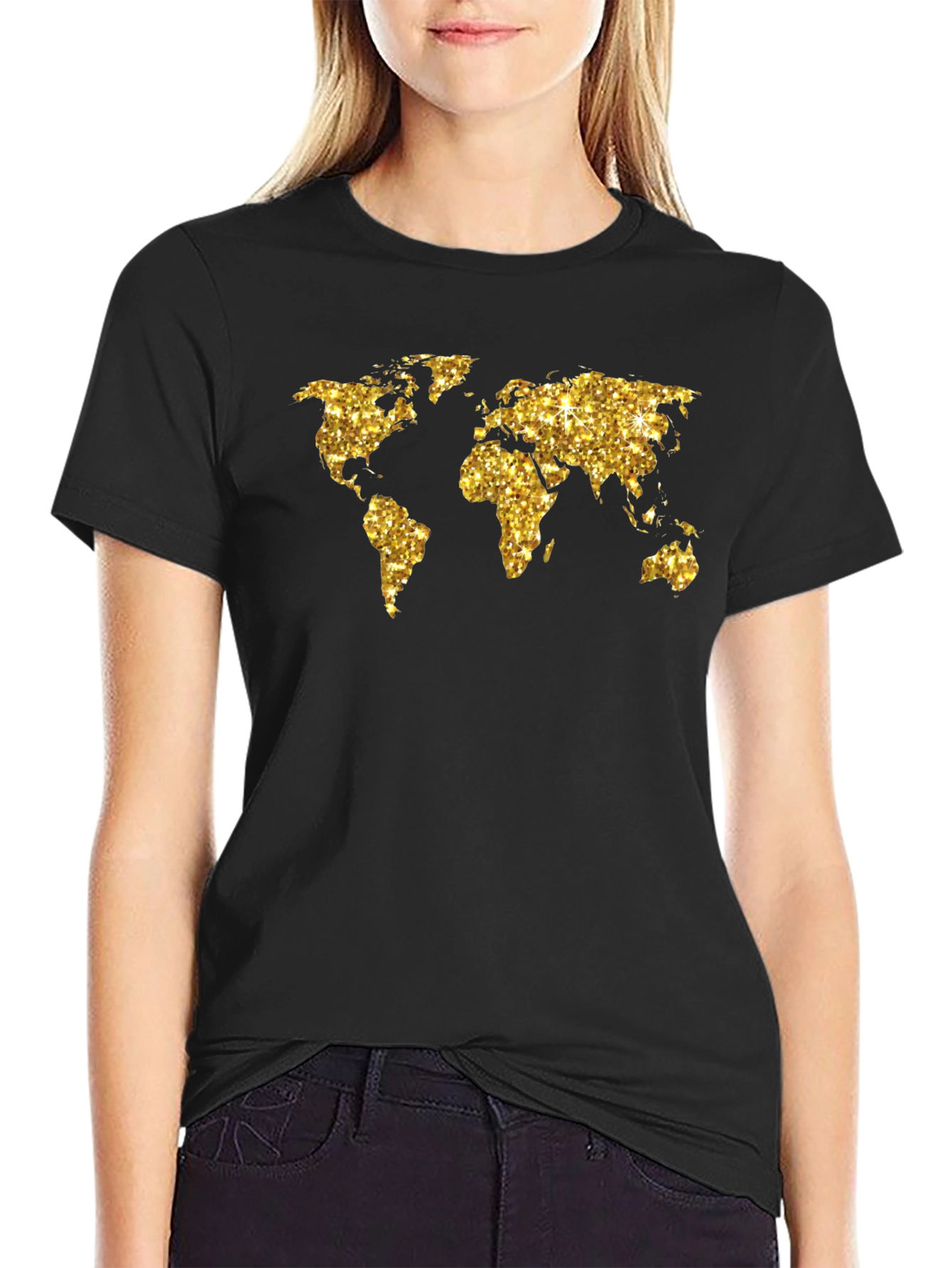 Glitter World Map Graphic Tee - Black