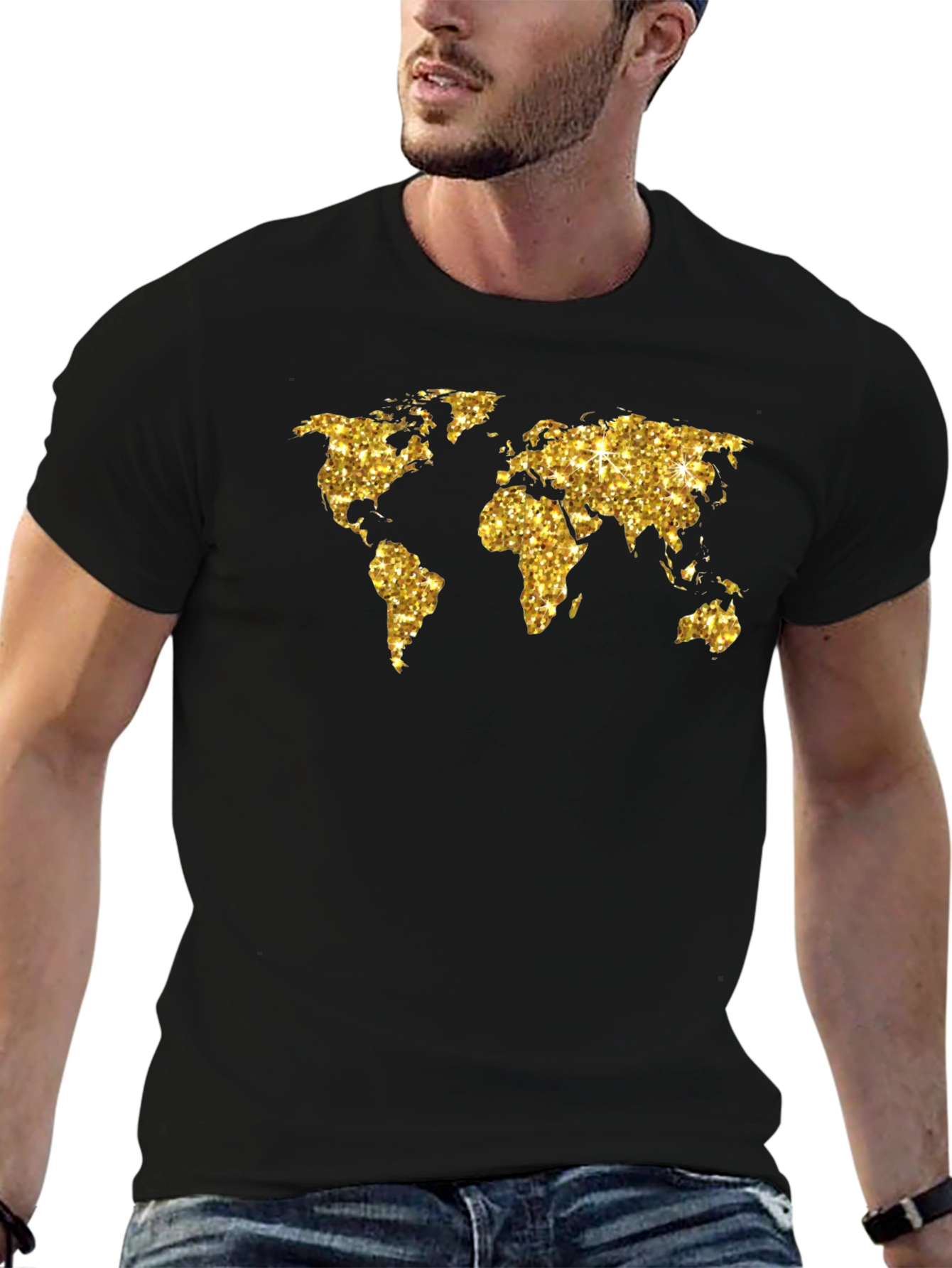 Glitter World Map Graphic Tee - Black