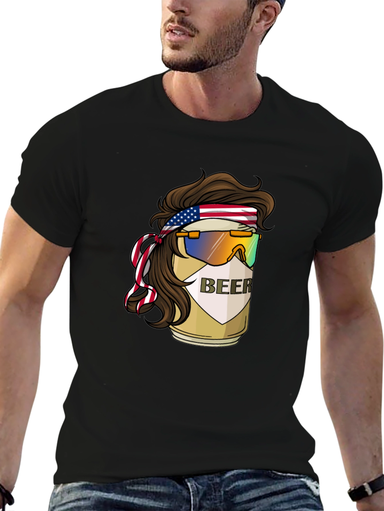 Beer Mullet USA Flag Headband T-Shirt