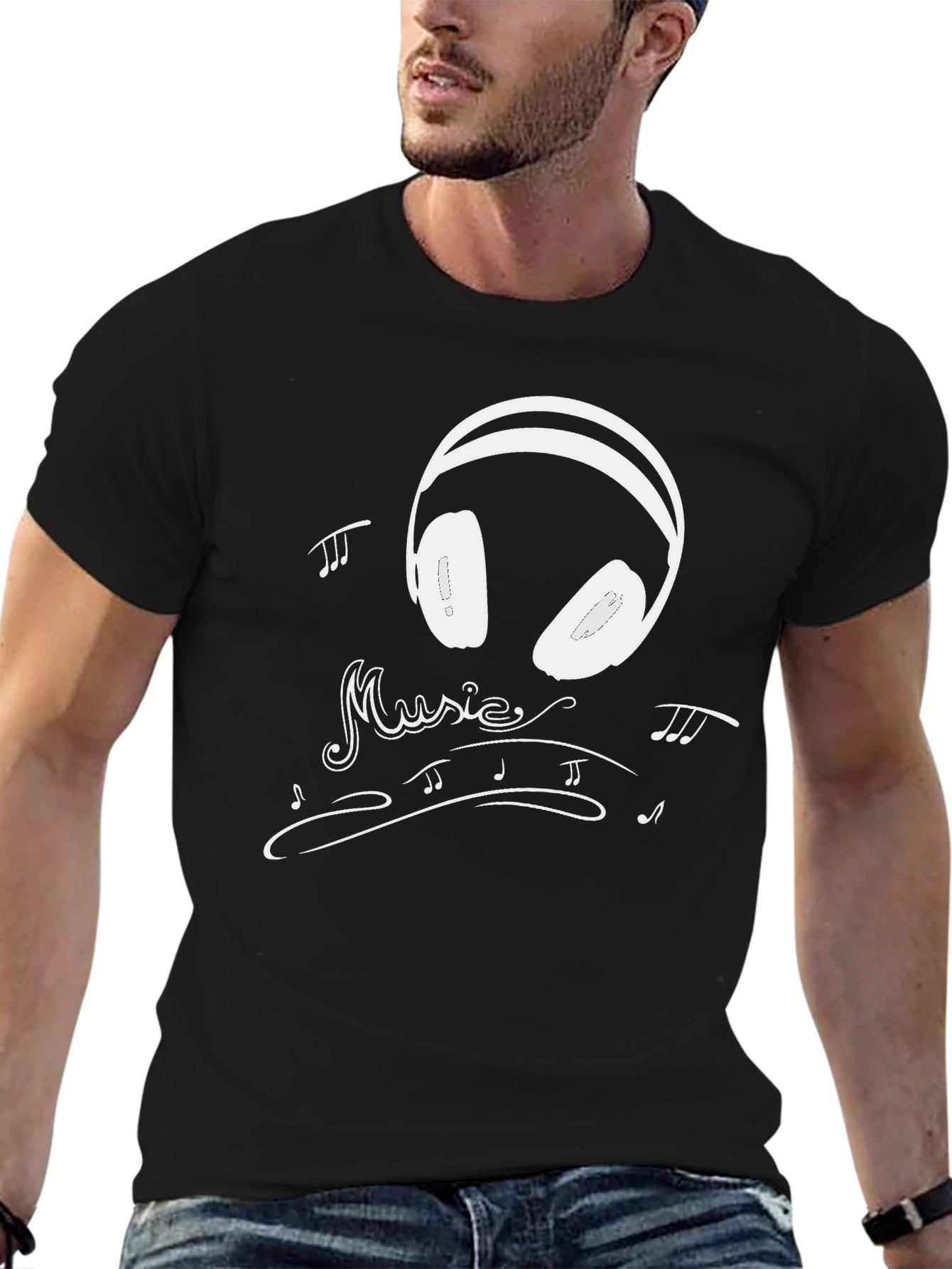 Music Lovers Black T-Shirt with Headphone Design