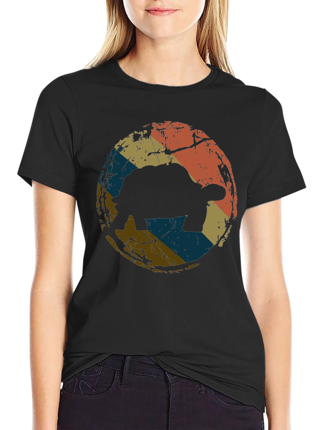 Retro Tortoise Graphic Tee - Black Cotton T-Shirt