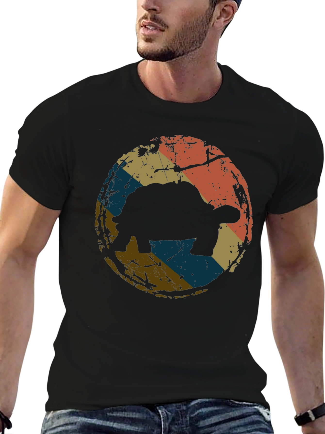 Retro Tortoise Graphic Tee - Black Cotton T-Shirt