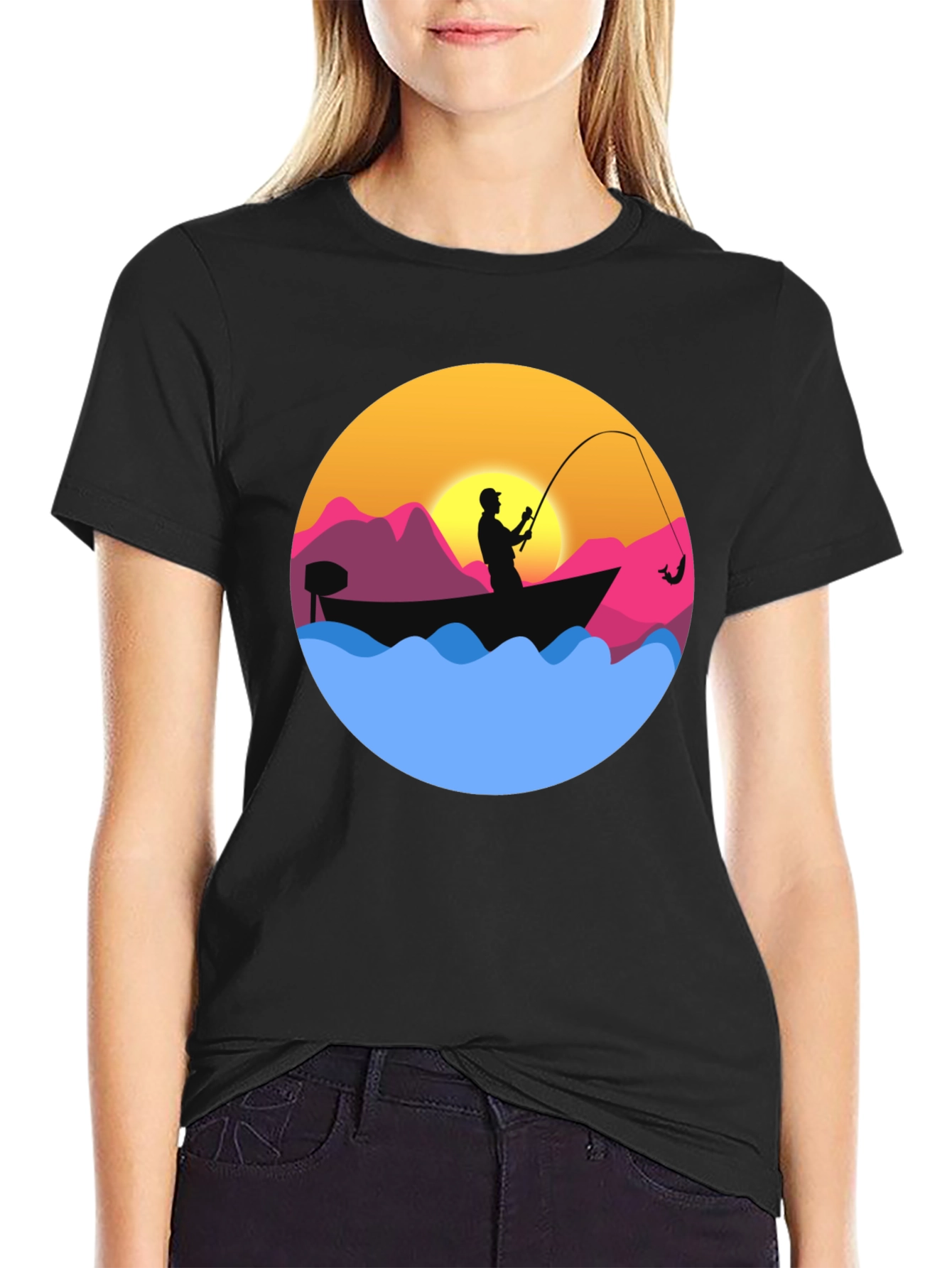 Fishing Sunset Graphic Tee - Mens Black T-Shirt