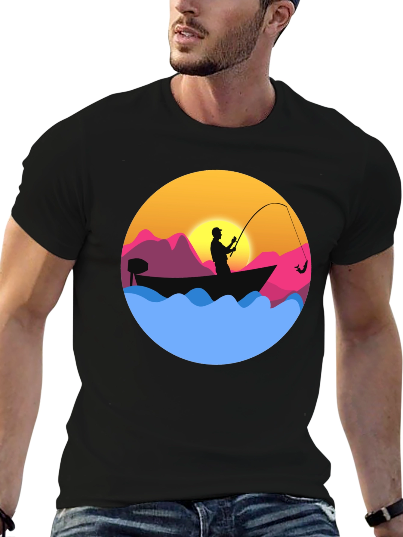 Fishing Sunset Graphic Tee - Mens Black T-Shirt