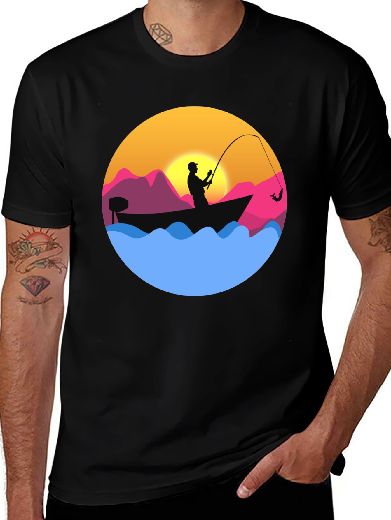 Fishing Sunset Graphic Tee - Mens Black T-Shirt