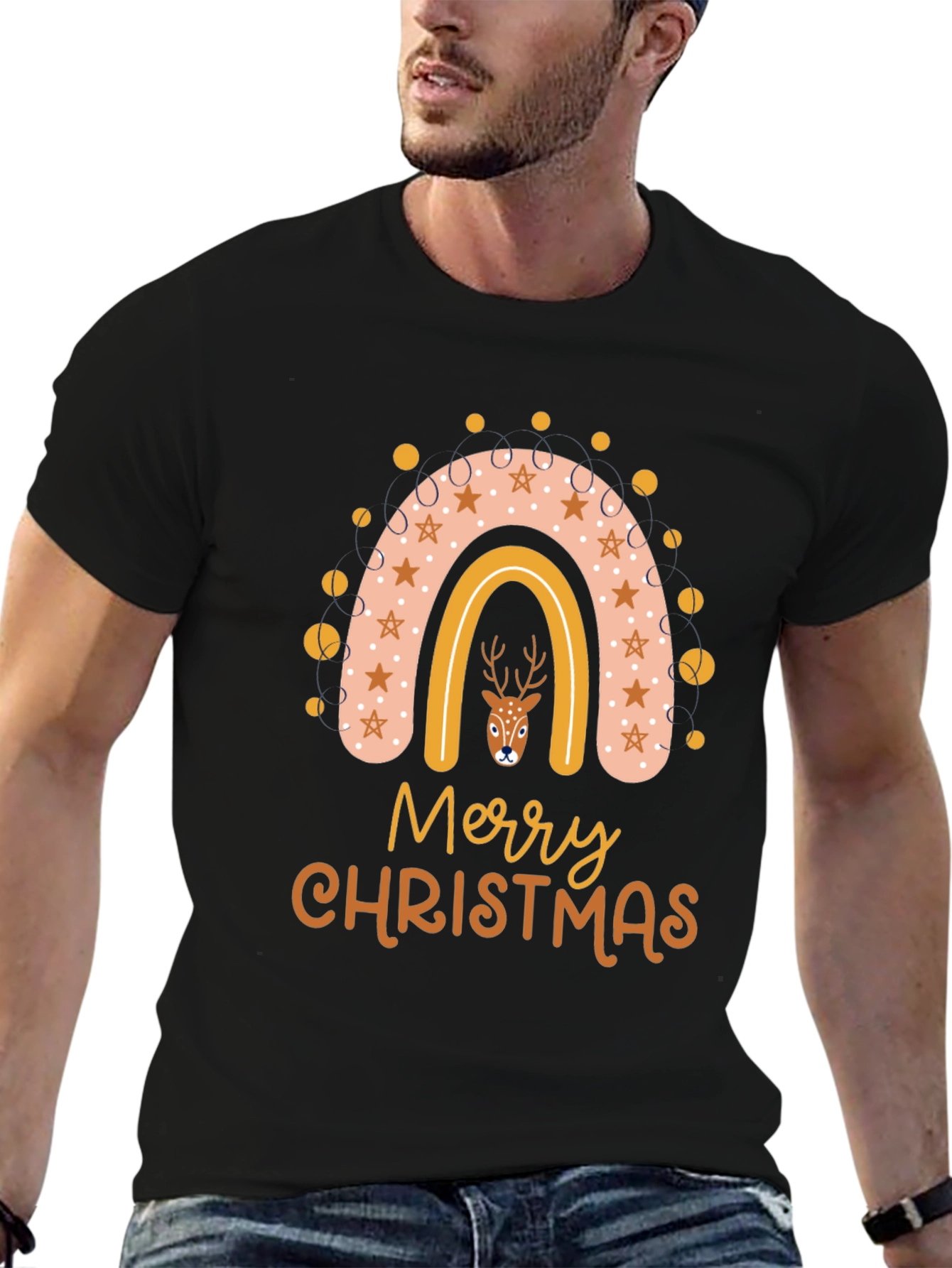 Merry Christmas Deer Rainbow Graphic T-Shirt