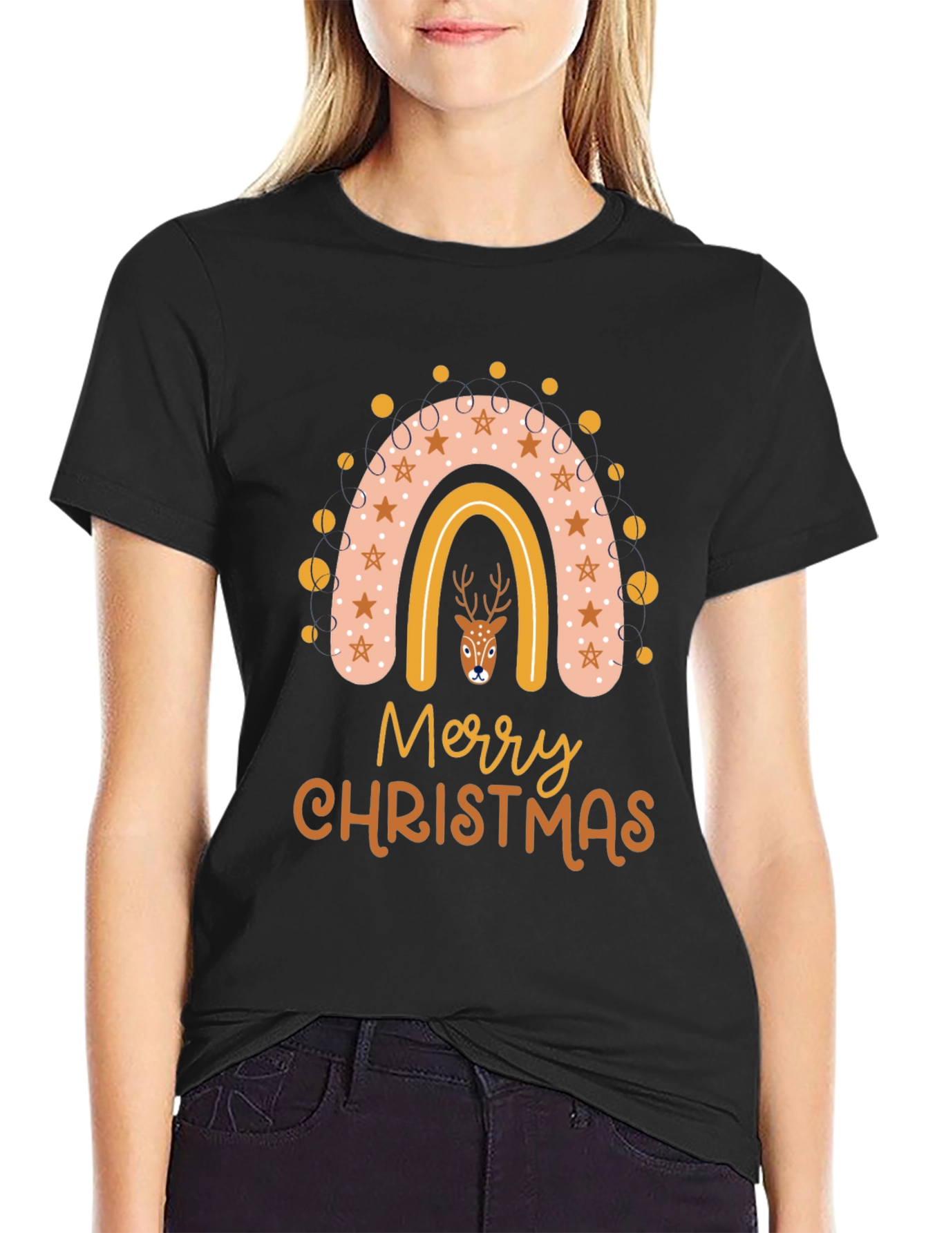 Merry Christmas Deer Rainbow Graphic T-Shirt