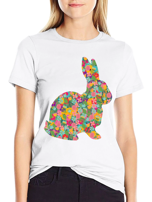 Floral Bunny Graphic Tee - Black Cotton Casual Shirt