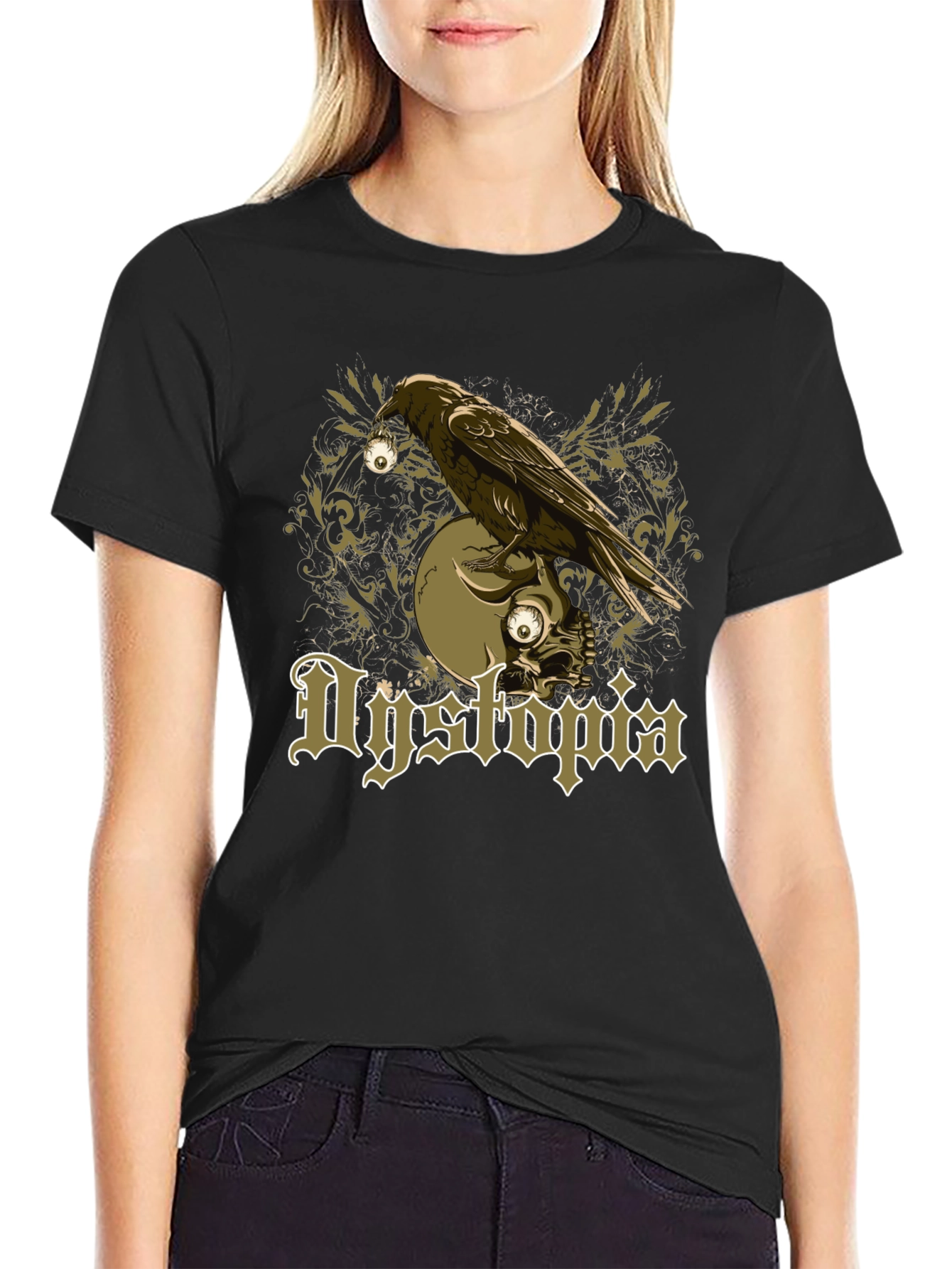 Dystopia Raven Skull Graphic Black T-Shirt
