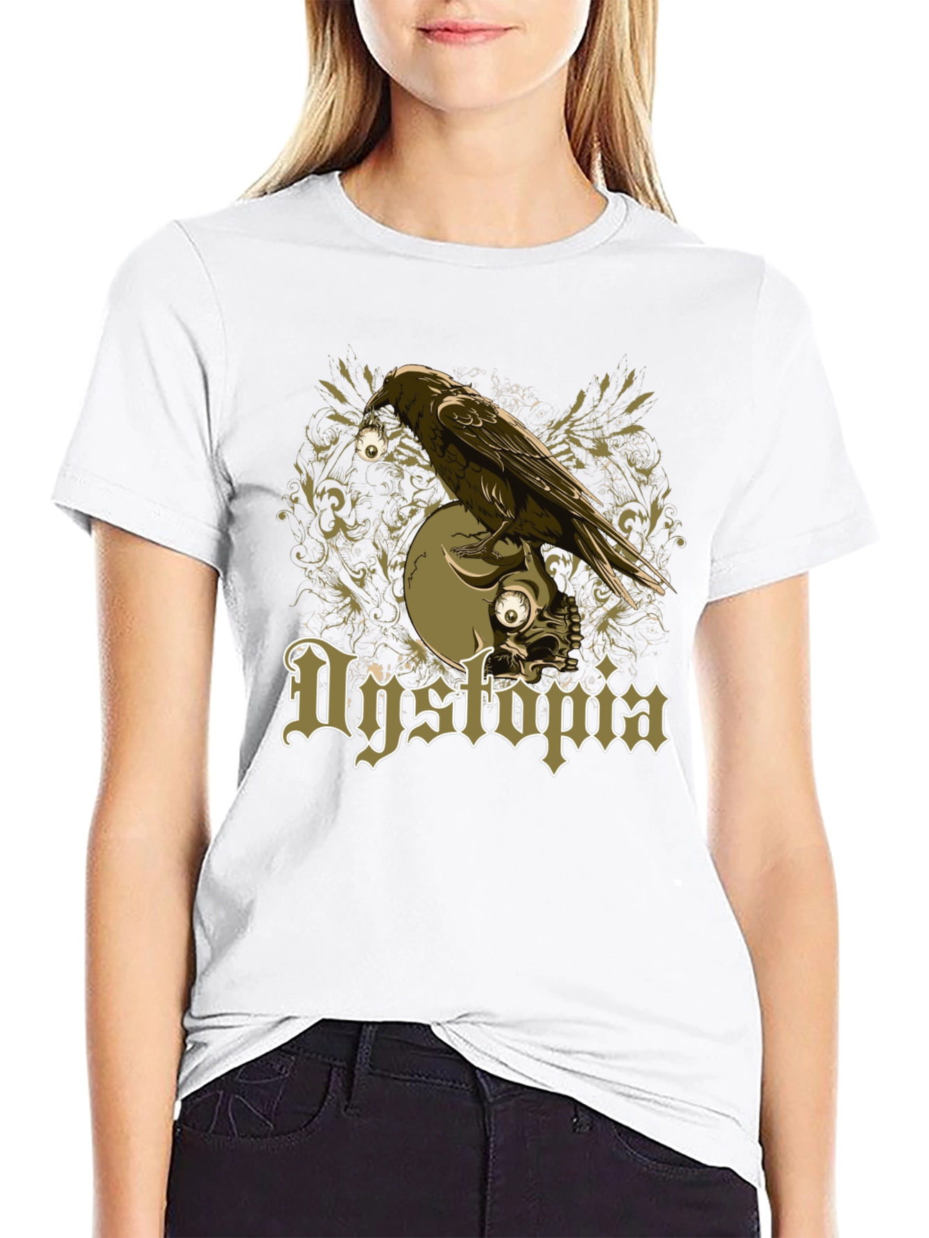 Dystopia Raven Skull Graphic Black T-Shirt