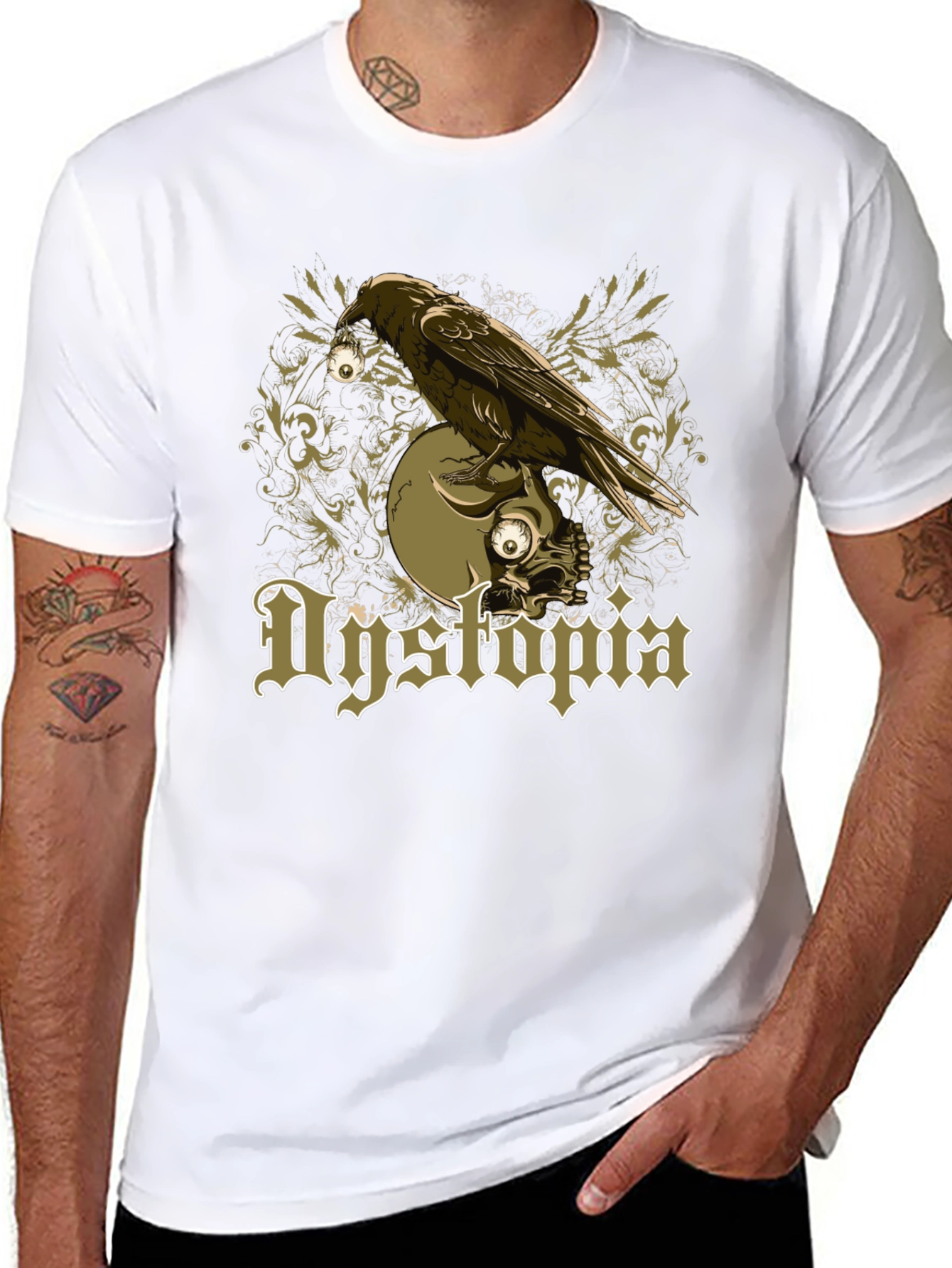 Dystopia Raven Skull Graphic Black T-Shirt
