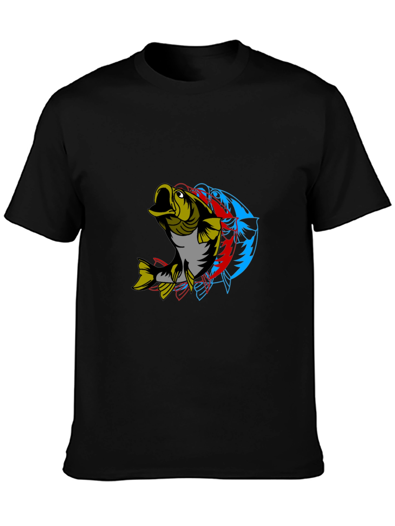 Mens Graphic Tee - 3D Fish Design Black Cotton