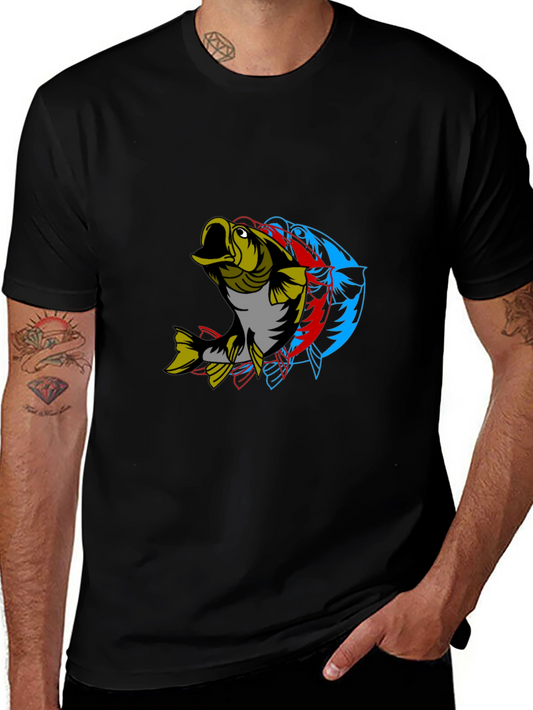 Mens Graphic Tee - 3D Fish Design Black Cotton