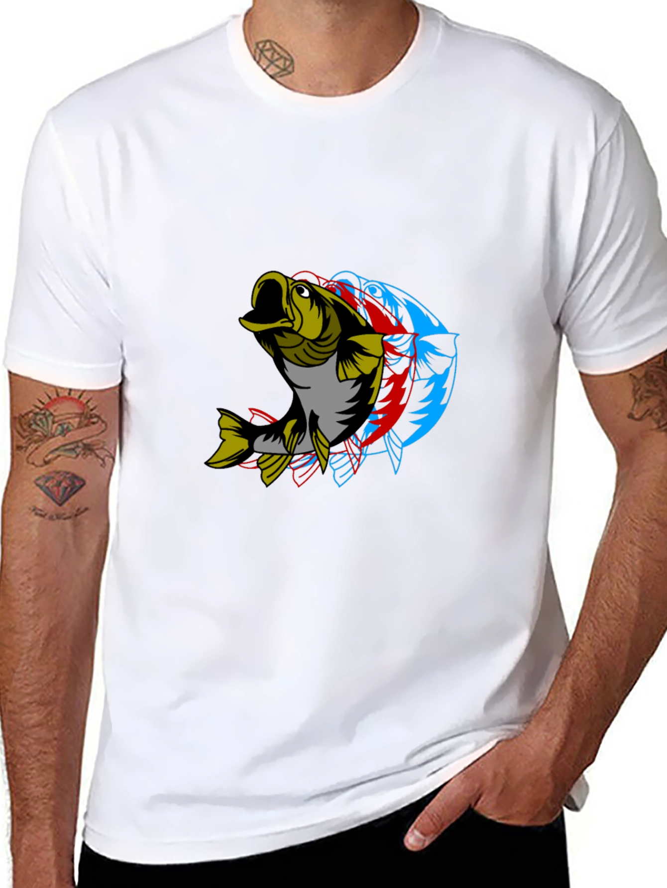 Mens Graphic Tee - 3D Fish Design Black Cotton