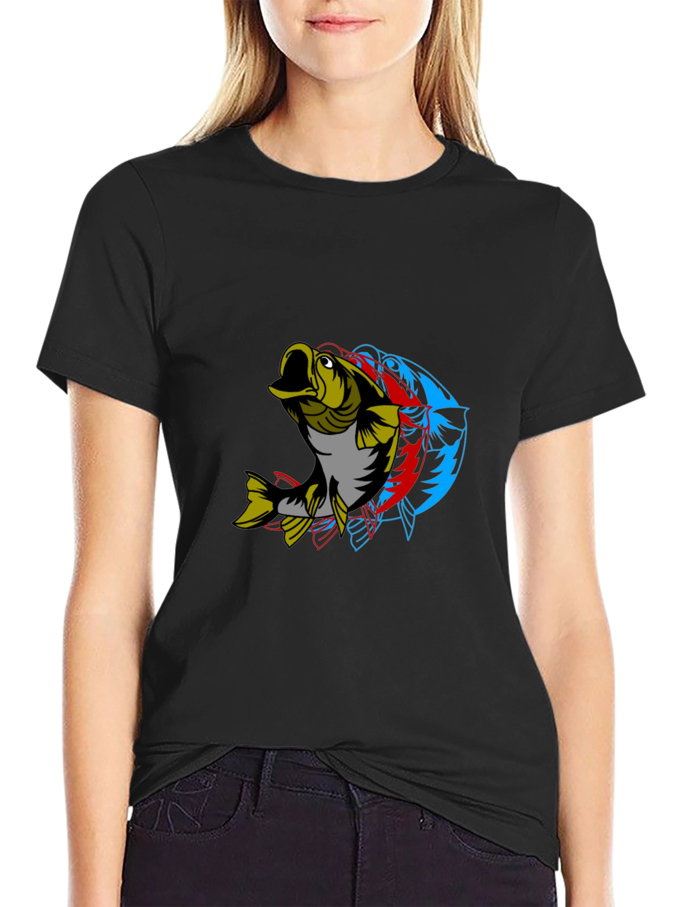 Mens Graphic Tee - 3D Fish Design Black Cotton