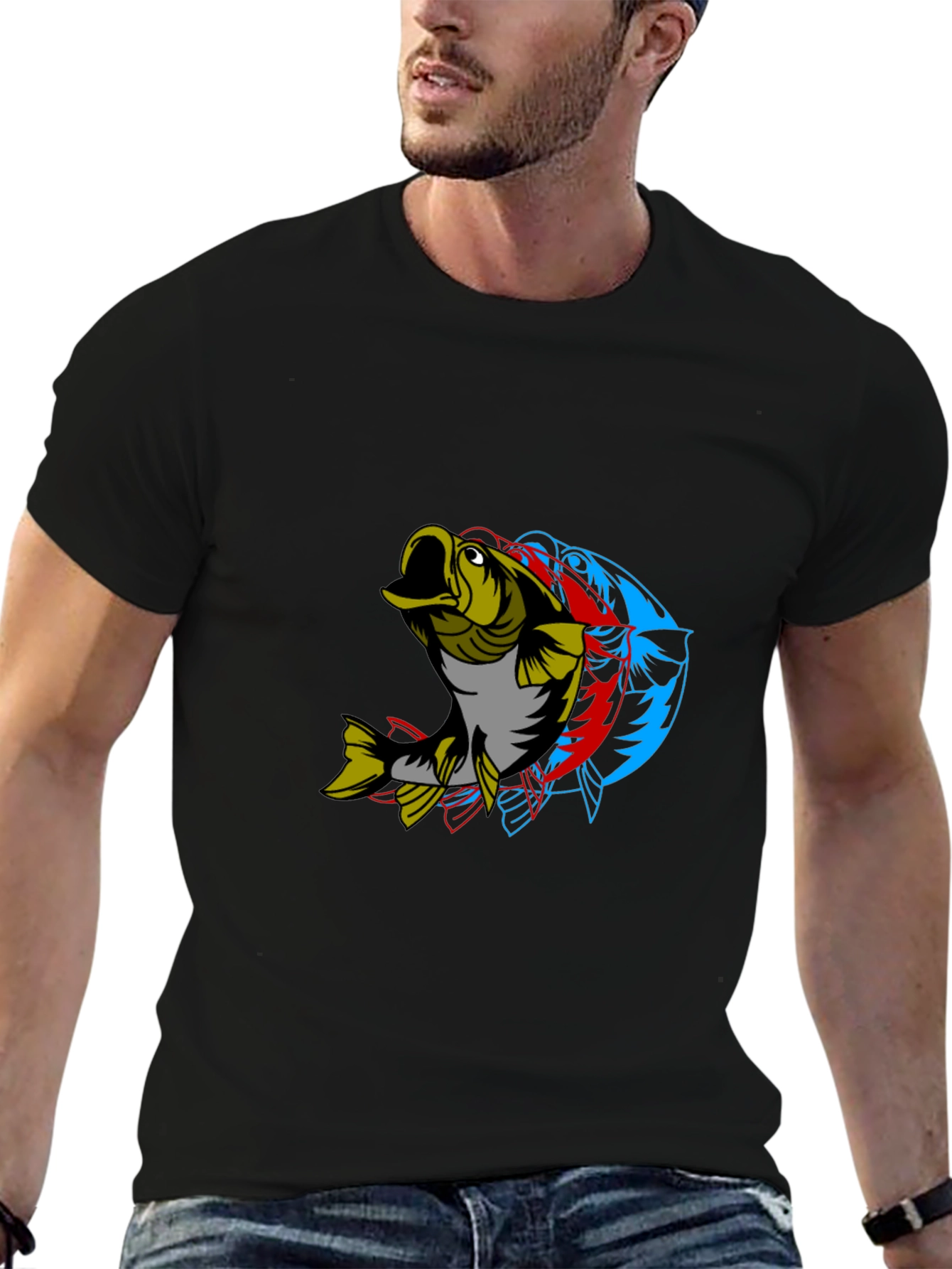 Mens Graphic Tee - 3D Fish Design Black Cotton