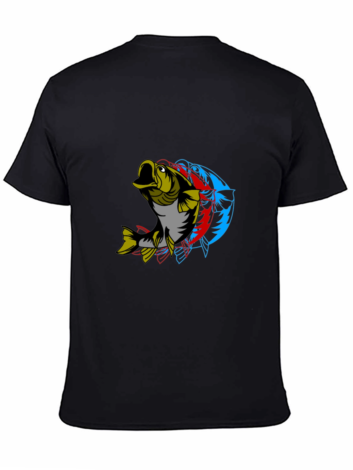 Mens Graphic Tee - 3D Fish Design Black Cotton