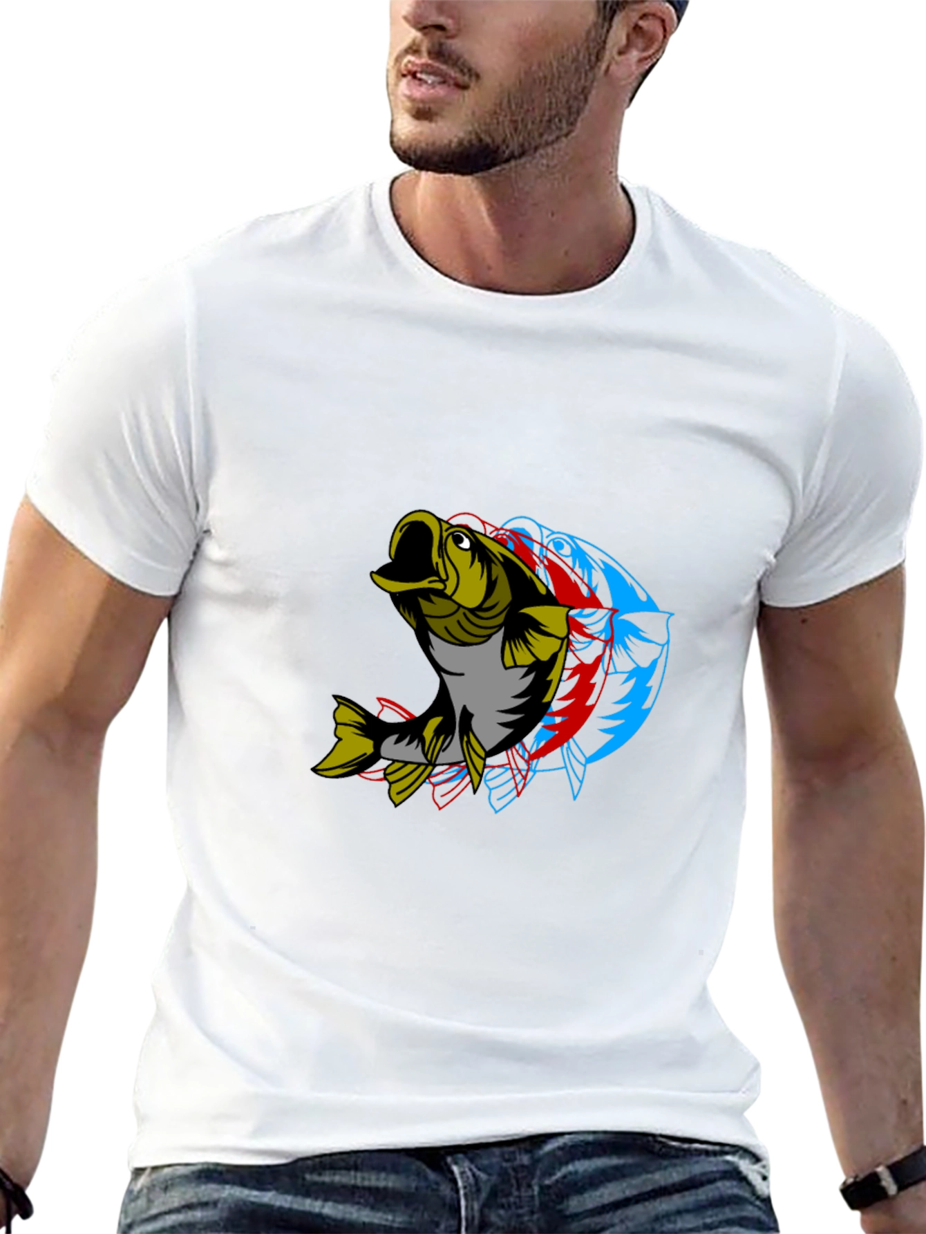 Mens Graphic Tee - 3D Fish Design Black Cotton