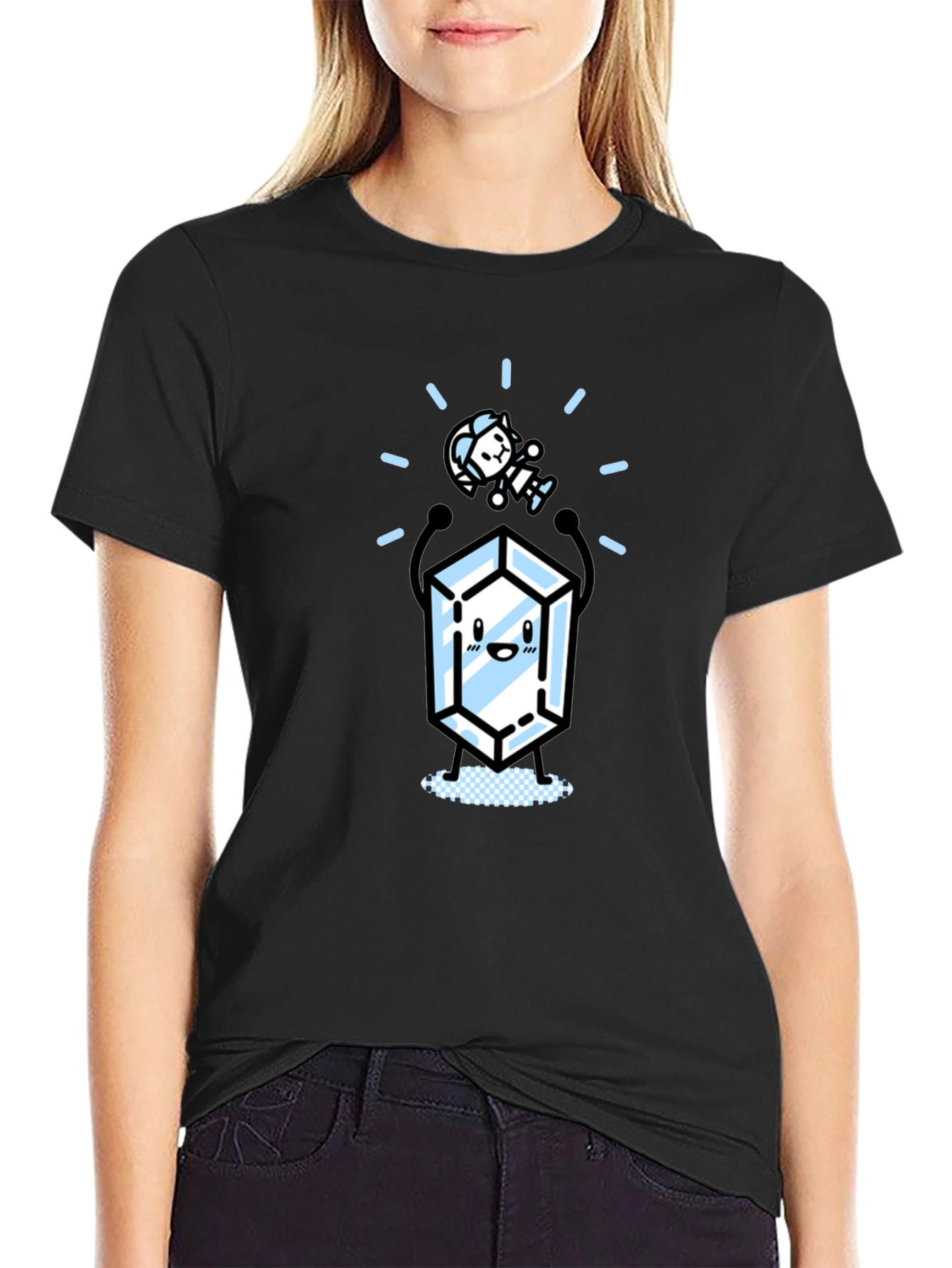 Cute Crystal & Astronaut Graphic Black T-Shirt