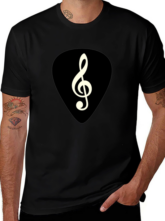 Music Lovers Black T-Shirt with Treble Clef Guitar Pick Design